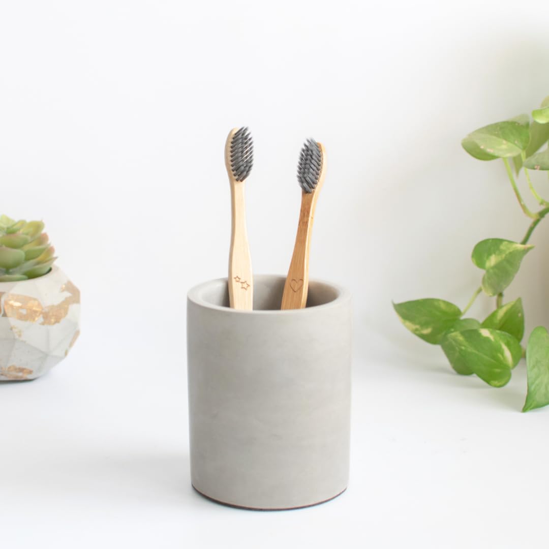 Dwell Dapper Ceramic Concrete Toothbrush Holder - Handcrafted Multi-Purpose Organizer for Bathroom & Office - Pen Holder, Remote Control Stand - Modern Grey Home Decor for Countertop & Desk Organization