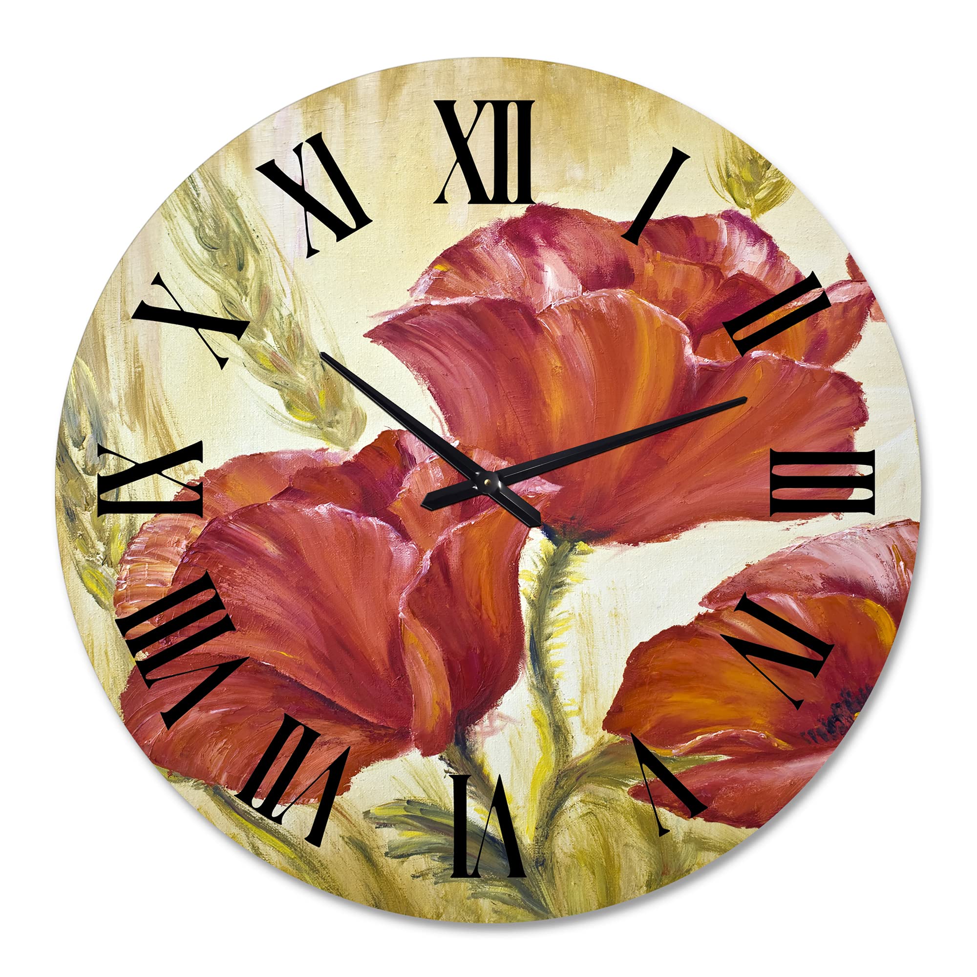 Blossoming Poppies in Wheat Fields II - Large Traditional Floral Wall Clock for Home & Office Decor | Perfect for Living Room, Bedroom, Kitchen