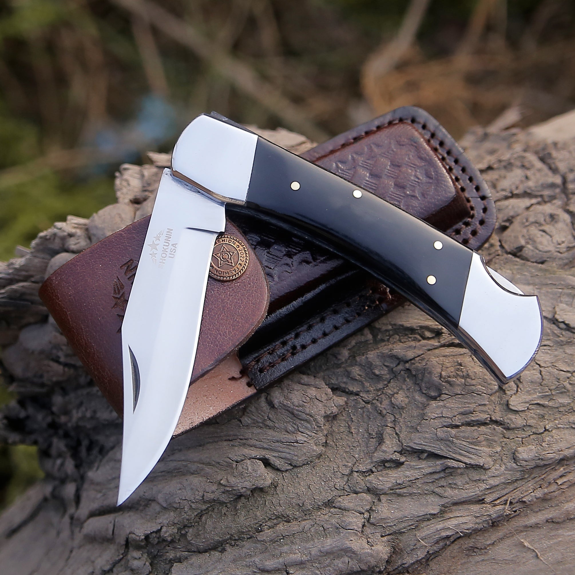 Premium Handcrafted Pocket Knife with Exotic Bull Horn Handle & Leather Sheath - Custom Engraving Available - Perfect for Camping, Hunting, and Outdoor Adventures