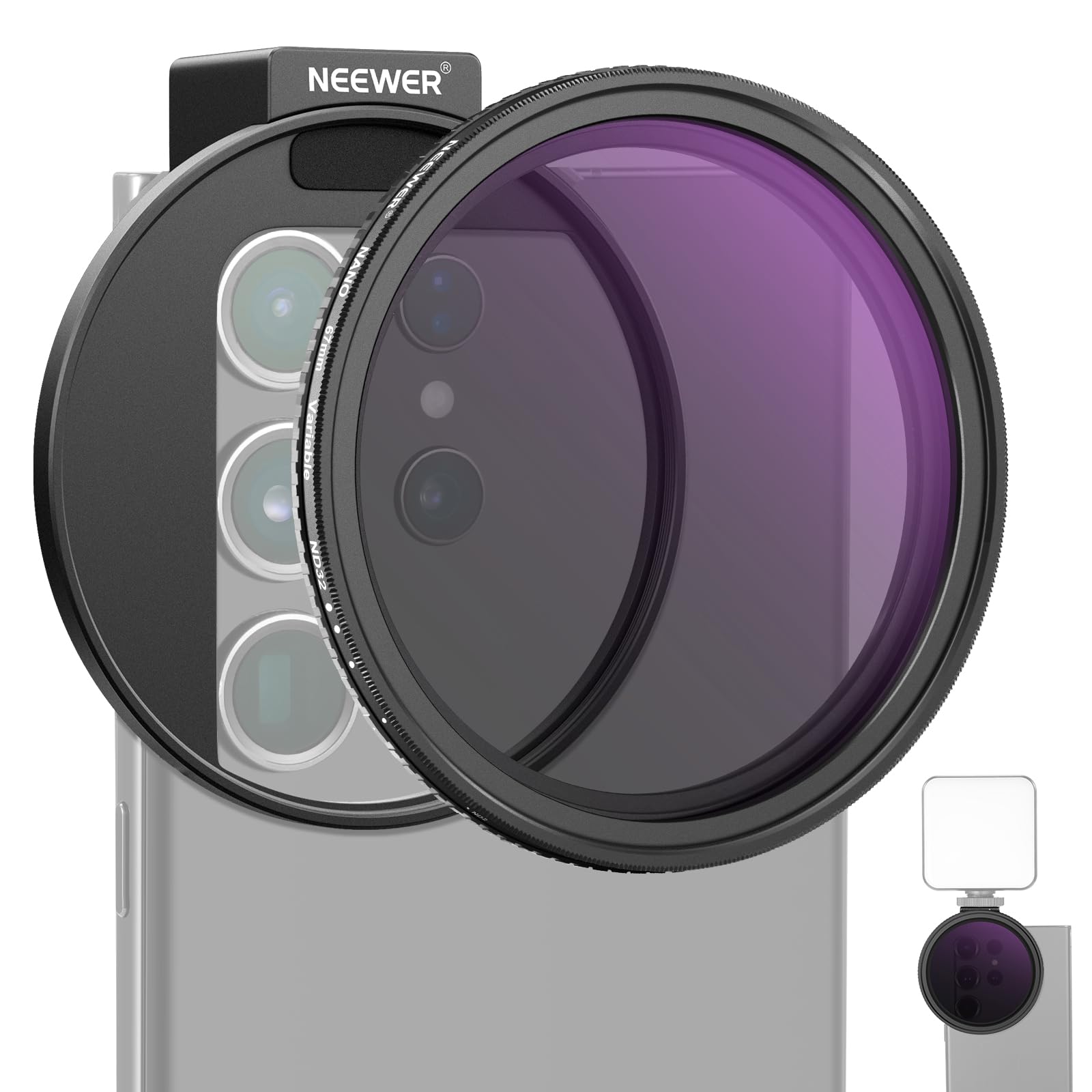 NEEWER 67mm Variable ND2-32 Filter Kit for Smartphones - Clip-On ND Lens Filter with Threaded Adapter Ring, Cold Shoe & Locking Knob - Compatible with iPhone 16/15 Pro Max/14/13 & Galaxy S24/S23/S22 Ultra - Perfect for Vlogging, Photography & Outdoor Shooting