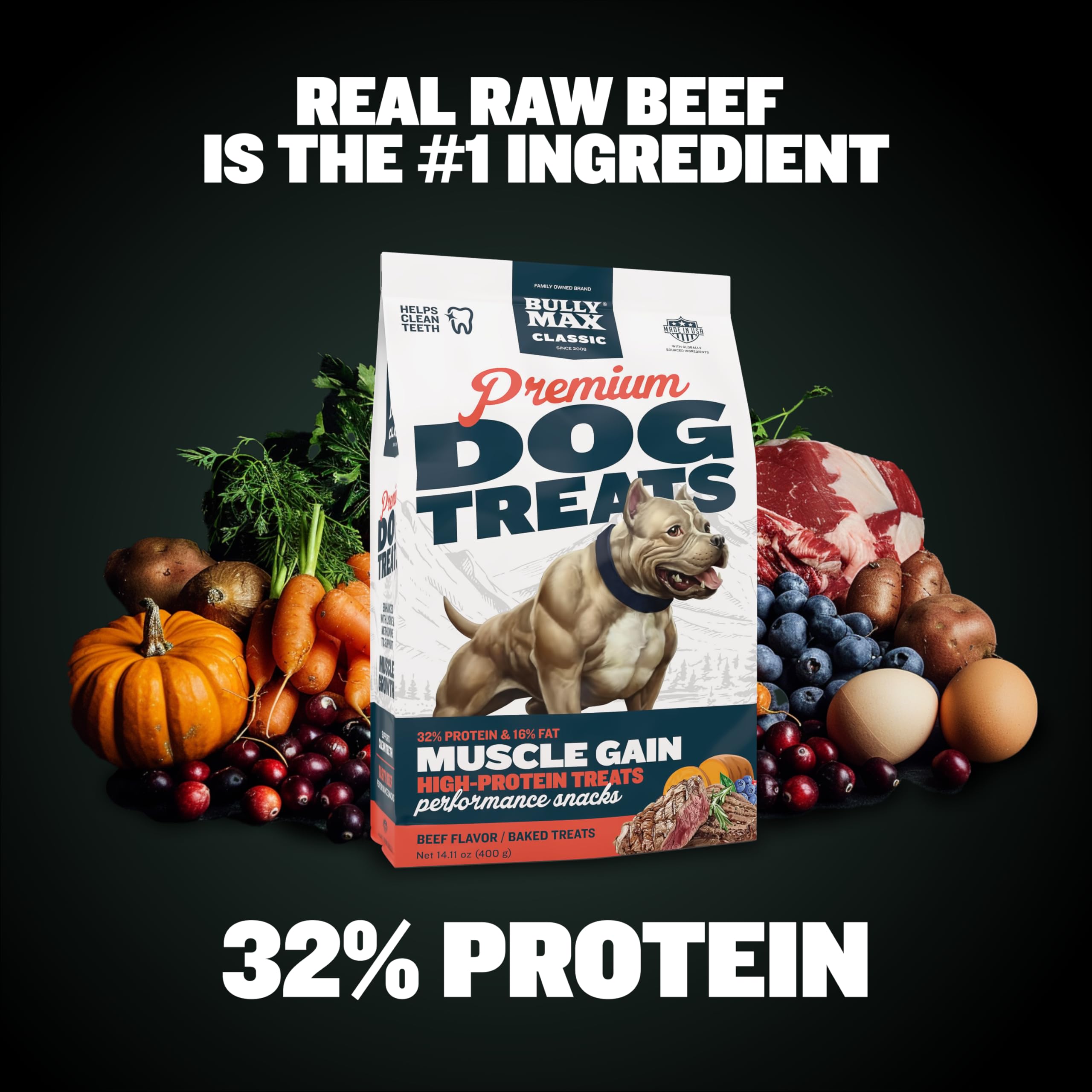 Bully Max High Protein Dog Treats - 32% Protein, Real Meat & Veggies for Puppy & Adult Dogs - Beef Flavor Training Treats for Small, Medium & Large Breeds - Perfect for Obedience Training & Rewards - 400g Bag