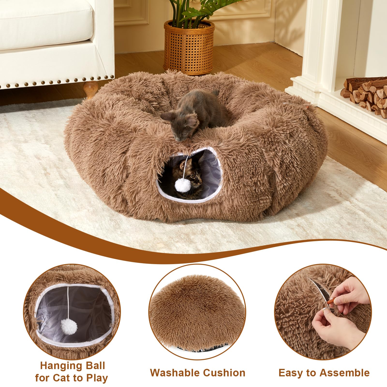 Washable Cat Tunnel Bed for Indoor Cats - 34 Inch Peekaboo Cat Cave with Donut Tunnel & Soft Circle Cushion - Cozy Playhouse for Kitty Hideouts, Napping & Interactive Play (Brown)