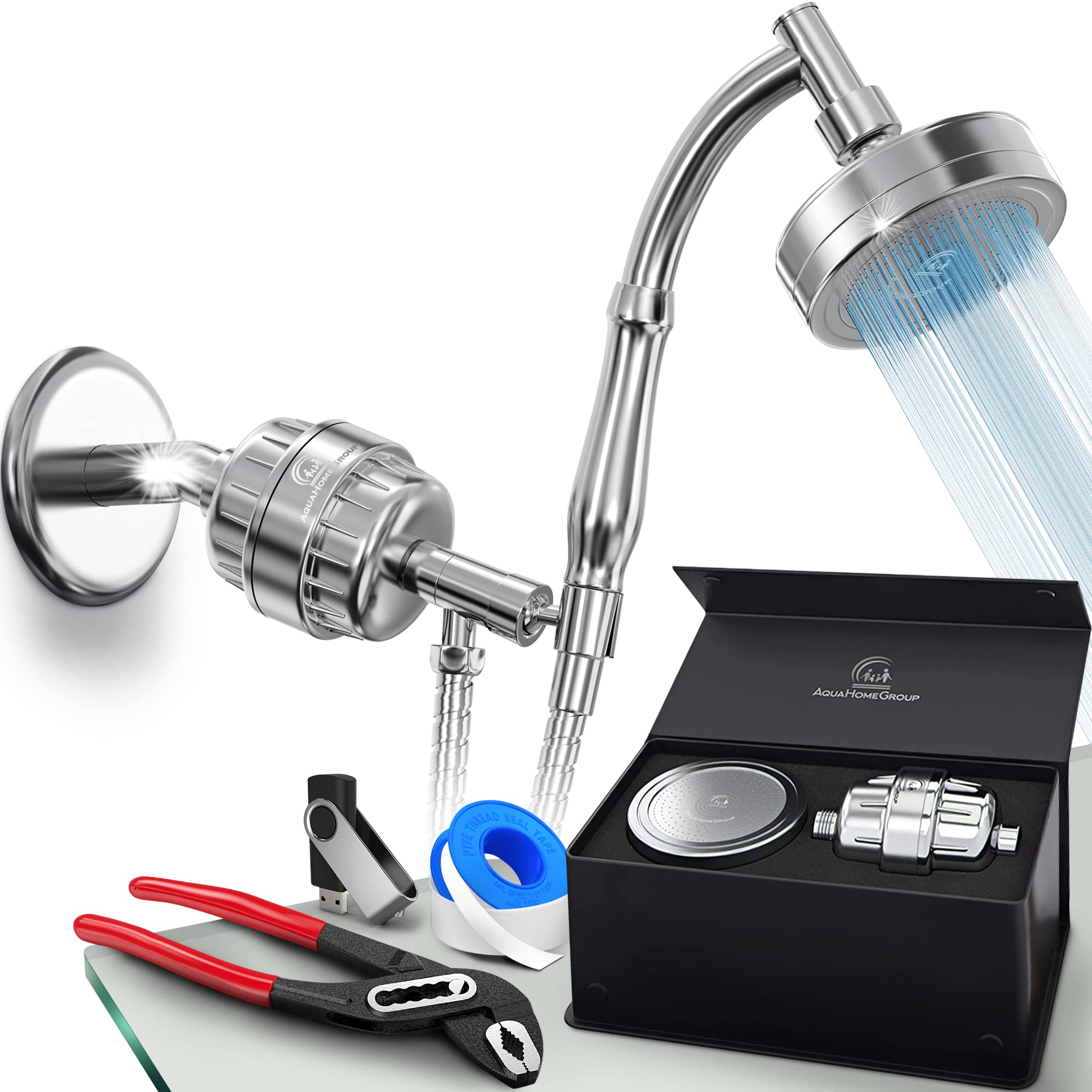 AquaHomeGroup 15-Stage Filter Handheld Shower Head with Vitamin C & E - Hard Water Shower Filter for High Pressure SPA Experience - Perfect for Dry Skin, Hair Care & Relaxation in Bathroom
