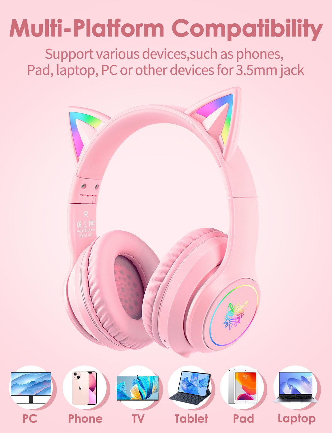 Onikuma B90 RGB Cat Ear Bluetooth 5.0 Wireless Gaming Headset with Microphone - Lightweight Over-Ear Headphones for PC, PS4, Xbox, Mobile Gaming - Perfect for Streaming, Esports & Late-Night Gaming Sessions