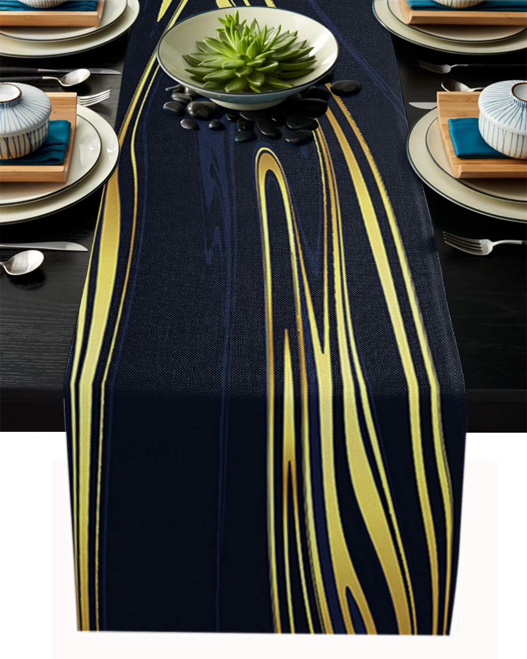 1998 Cotton Linen Table Runner - 13x70 Inch Flowing Oil Painting Design Rectangle Table Decor for Dining Room, Wedding, Birthday Party & Baby Shower (Black & Yellow) | Elegant Table Setting Decoration for Home & Special Occasions
