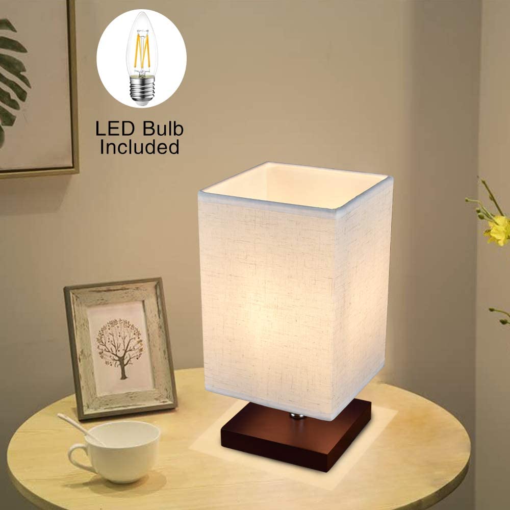 Modern Square LED Table Lamp with Fabric Shade & Solid Wood Base - 4W E27 Bulb Included | Bedside Nightstand Lamp for Bedroom, Living Room, Office & Kids Room | Perfect for Reading, Relaxing & Ambient Lighting