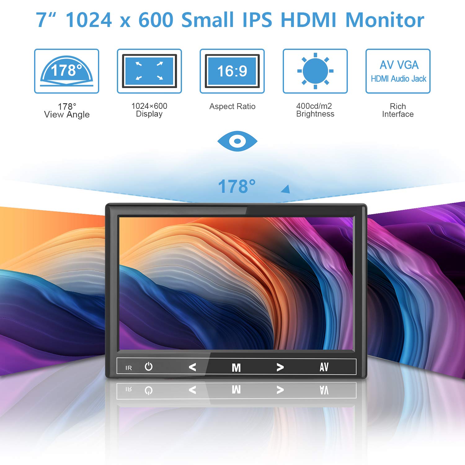 7 Inch Mini Monitor with 1024x600 IPS Display, HDMI & VGA Inputs, Built-in Speakers & Earphone Jack, Remote Control for PC, CCTV, Raspberry Pi, Security Camera, Gaming, and Home Office Use
