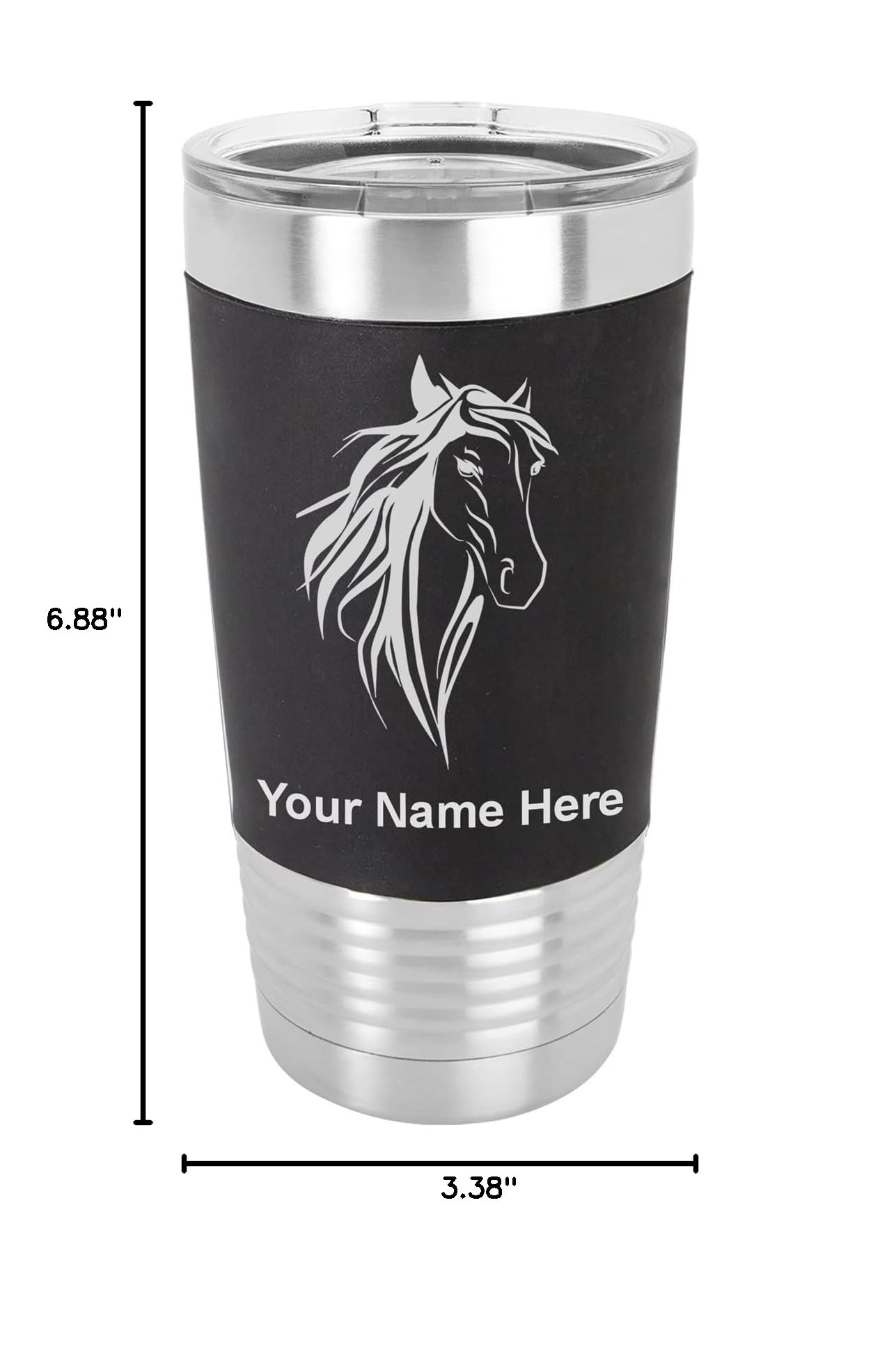 LaserGram 20oz Vacuum Insulated Stainless Steel Tumbler Mug with Silicone Grip - Personalized Engraving Horse Head 3 Design - Keeps Drinks Hot/Cold for Hours - Perfect for Coffee, Tea, Water - Ideal for Office, Gym, Travel, Outdoor Activities (Black)