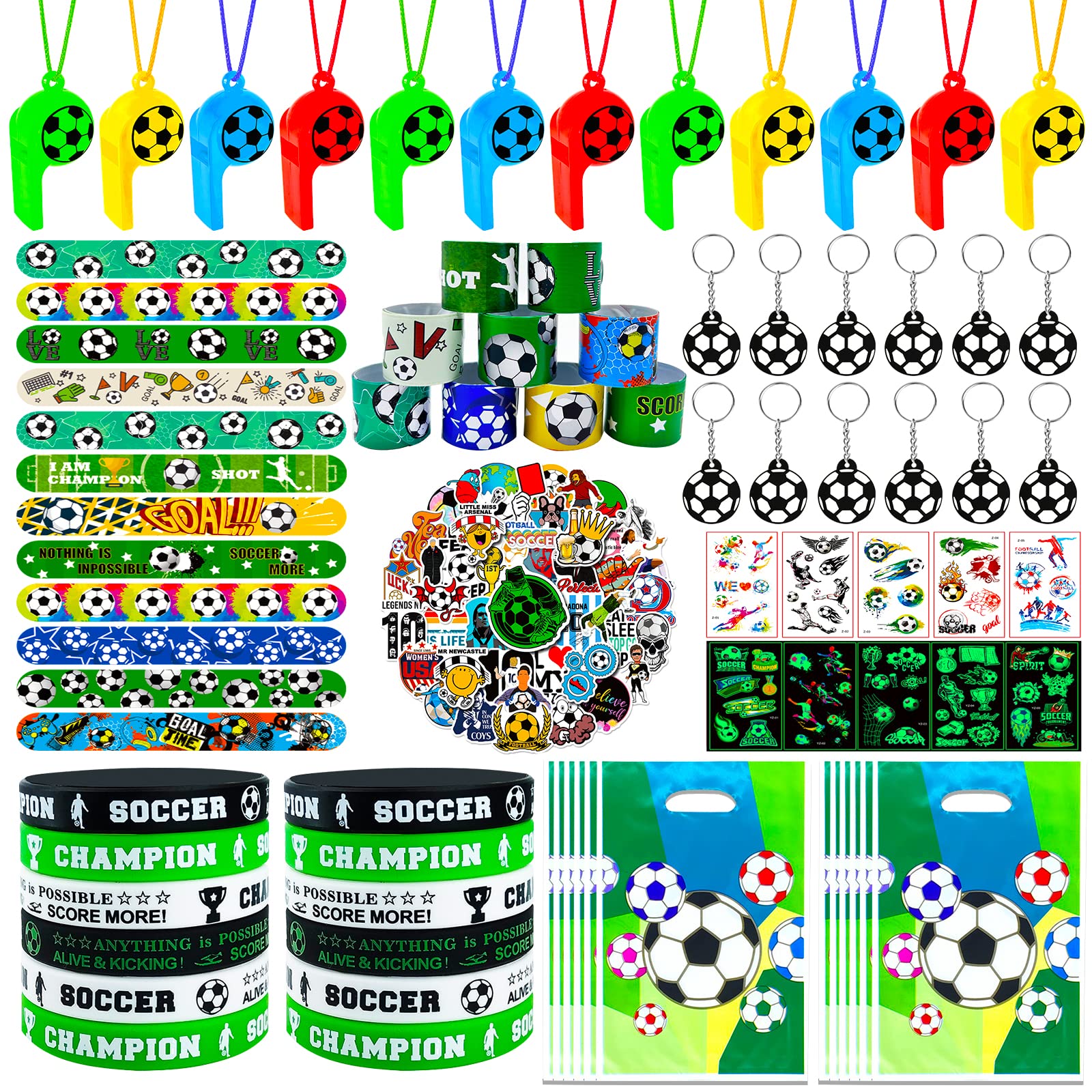 120Pcs Soccer Party Favors Kit - Whistle, Stickers, Slap Bracelet, Key Chains & Goodie Bags for Soccer Birthday Party Decorations | Perfect for Kids Soccer Team Celebrations, Birthday Gifts & Sports Themed Events