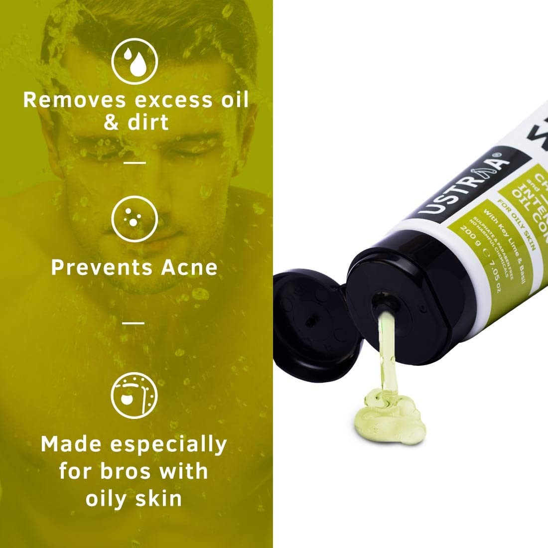Ustraa Face Wash for Oily & Acne-Prone Skin - 2 x 100g Pack with Basil & Key Lime - SLS Free Formula Controls Excess Oil, Fights Acne & Blackheads - Deep Cleansing & Skin Repair - Perfect for Daily Skincare Routine & Post-Workout Refresh
