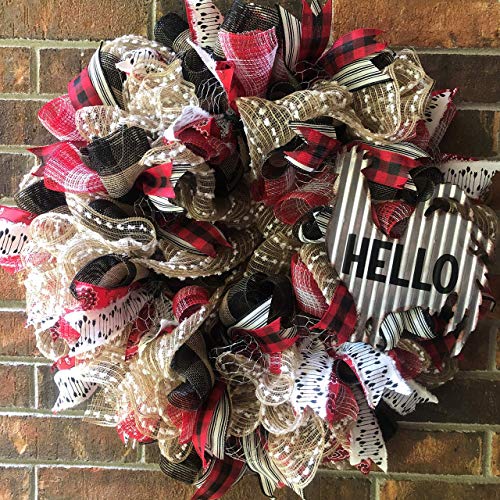 Farmhouse Wreath - Rustic Rooster & Hello Sign Decorative Wreath for Front Door | All-Season Poly Burlap Wreath in Black & Red | Perfect for Home Decor, Front Porch, and Seasonal Holiday Decorations