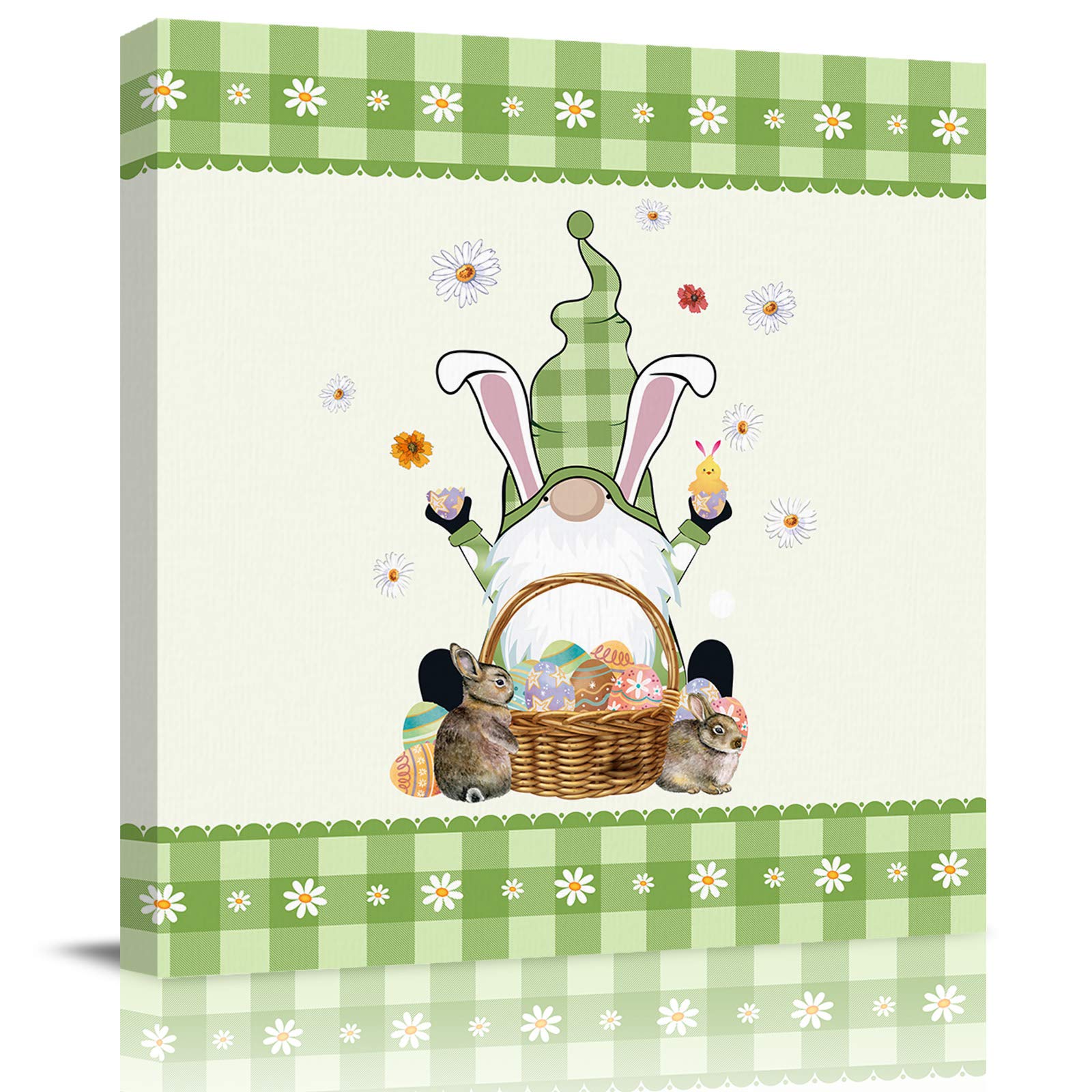 1998 Easter Gnome Bunny Ear Eggs Daisy Canvas Wall Art - 28x28 Inch Wood Framed Green Plaid Print - Perfect for Housewarming, Wedding & Festival Decor - Vintage Spring Home Decor Gift for Living Room, Bedroom or Nursery