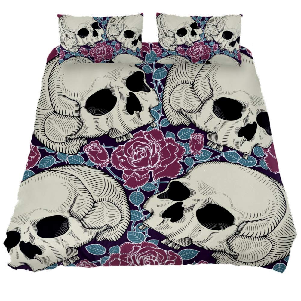 Skulls and Roses Floral Duvet Cover Set - Soft 3 Piece Queen Size (88x90 inches) Bedding Comforter Cover with Pillowcases - Gothic Boho Bedroom Decor for Teens & Adults