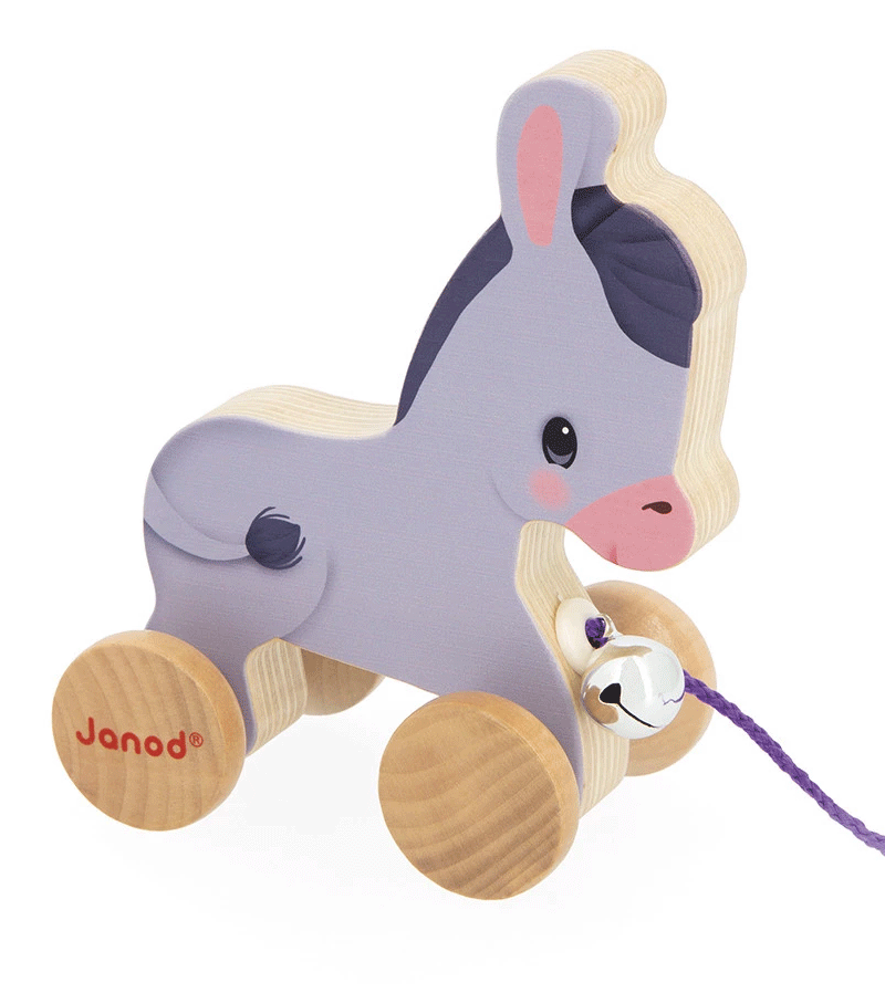 Janod Pull Along Wooden Donkey Toy - Classic Farm Animal Pull Toy for Toddlers & Kids - Perfect for Imaginative Play, Learning to Walk, and Nursery Decor