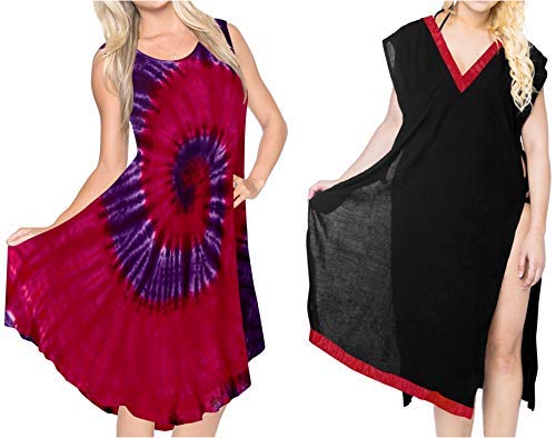 LA LEELA Women's Stylish Mini Beach Cover Up Caftan Dress - Swimwear Cover Up & Casual Loungewear for Beach, Pool, Vacation & Work from Home - Combo Pack of 2