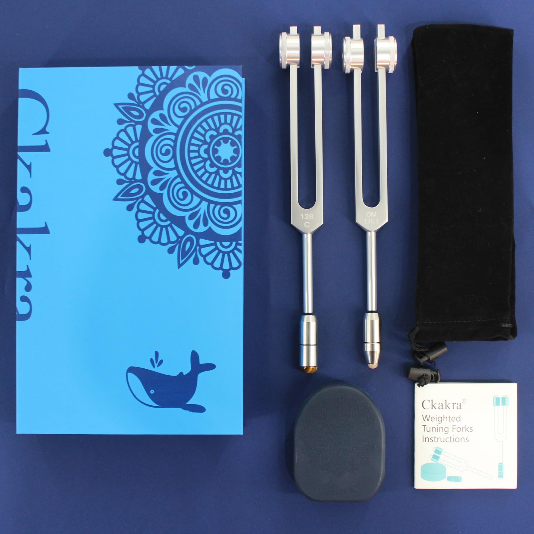 Weighted Tuning Forks Set of 2 with Natural Gemstone for Sound Therapy & Body Healing - OTTO128 & OM136.1 Frequency - Zen Meditation Tools with Silicone Activator - Perfect for Chakra Balancing, Stress Relief & Energy Healing