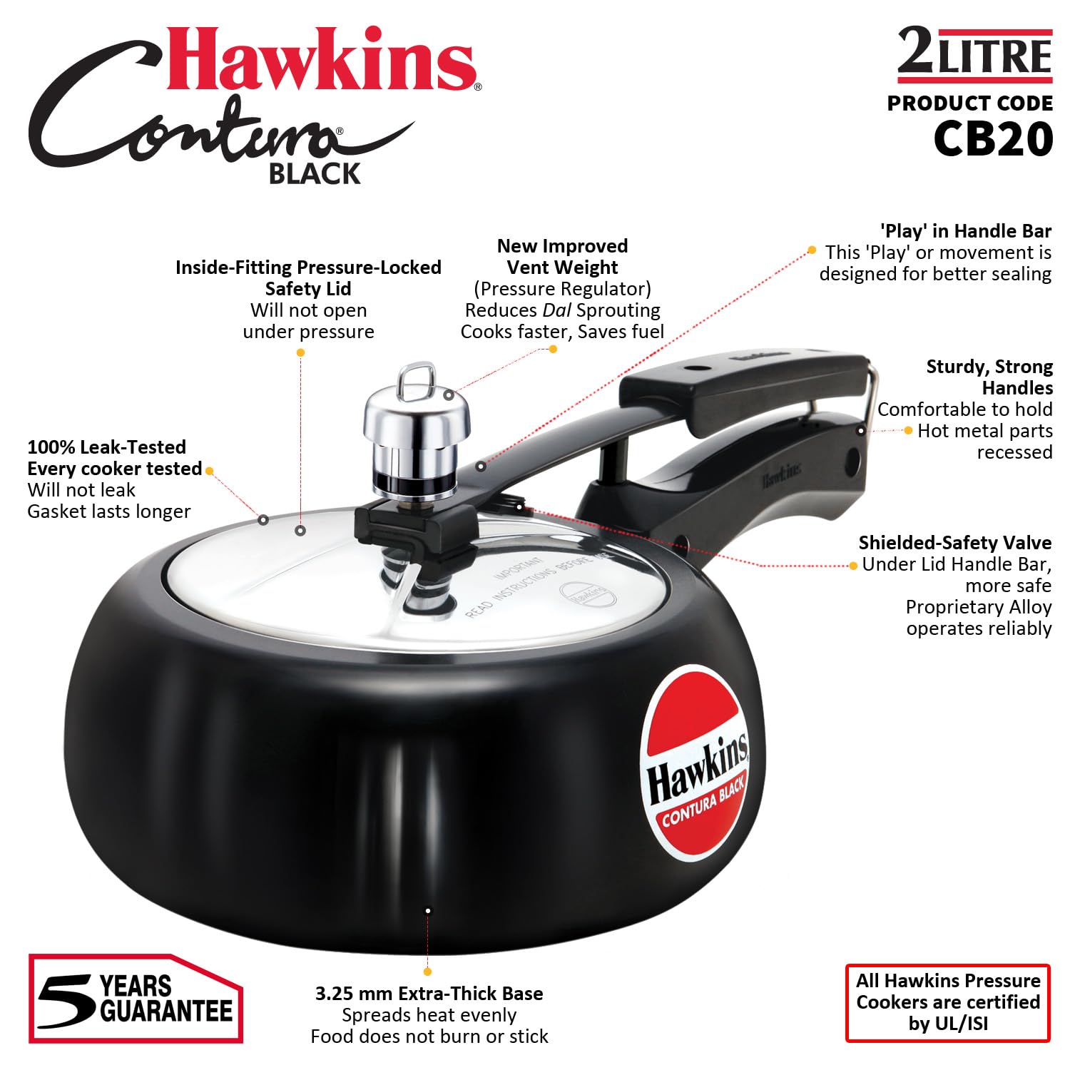 Hawkins 2L Black Pressure Cooker - Hard Anodized Aluminum Inner Lid, Compact Handi Cooker for Home & Kitchen (CB20) | Perfect for Fast Cooking, Meal Prep & Indian Cuisine