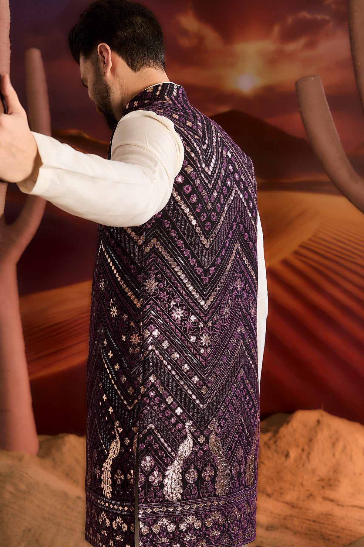 Elegant Purple Long Open Shrug with Intricate Leather Patchwork - Boho Chic Cardigan for Women | Perfect for Fall Layering, Date Nights & Casual Outings