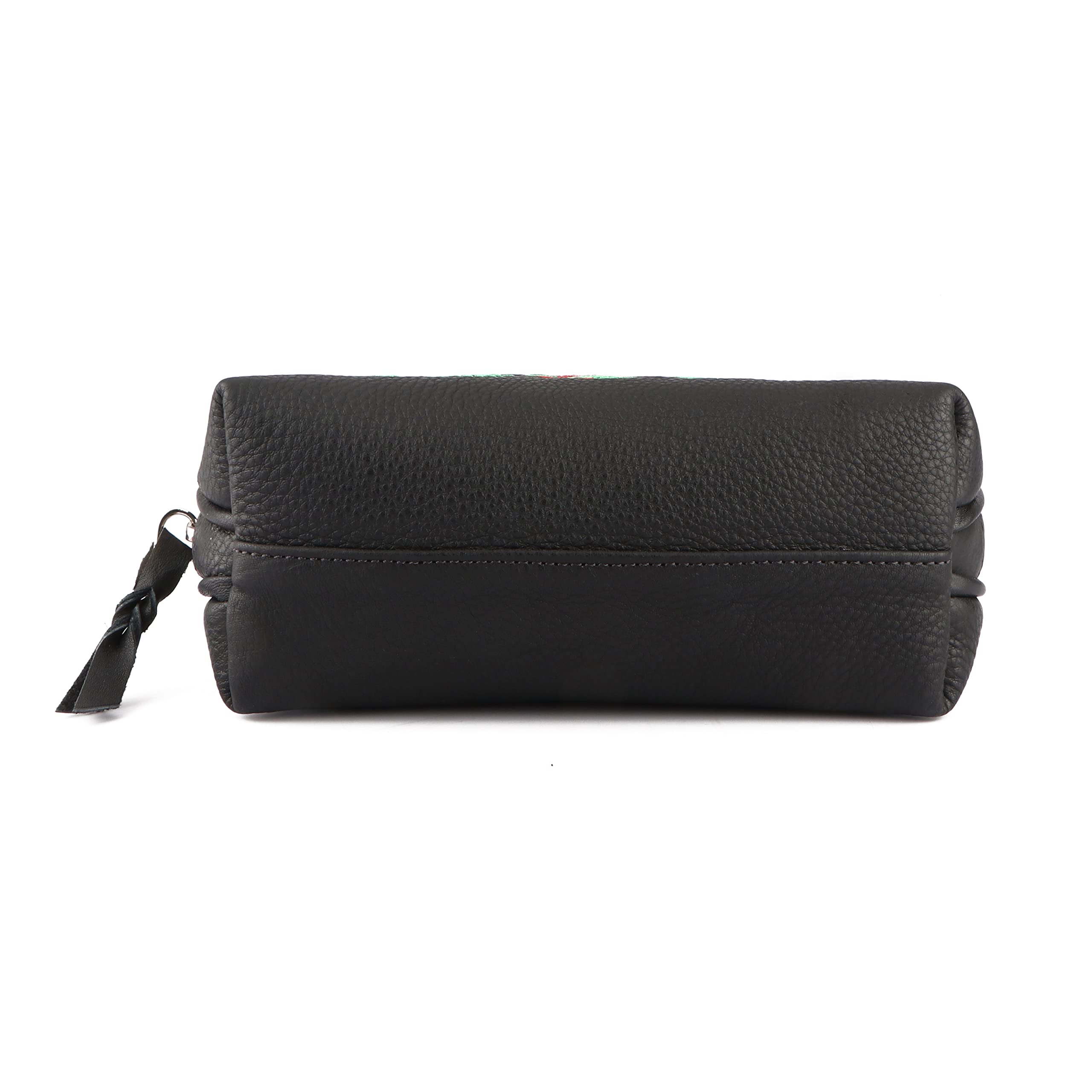CHALLENGER Women's Black Leather Floral Embroidered Cosmetic Makeup Bag with Zipper - Perfect for Travel, Gym & Everyday Essentials Storage | Model 18BT09BK