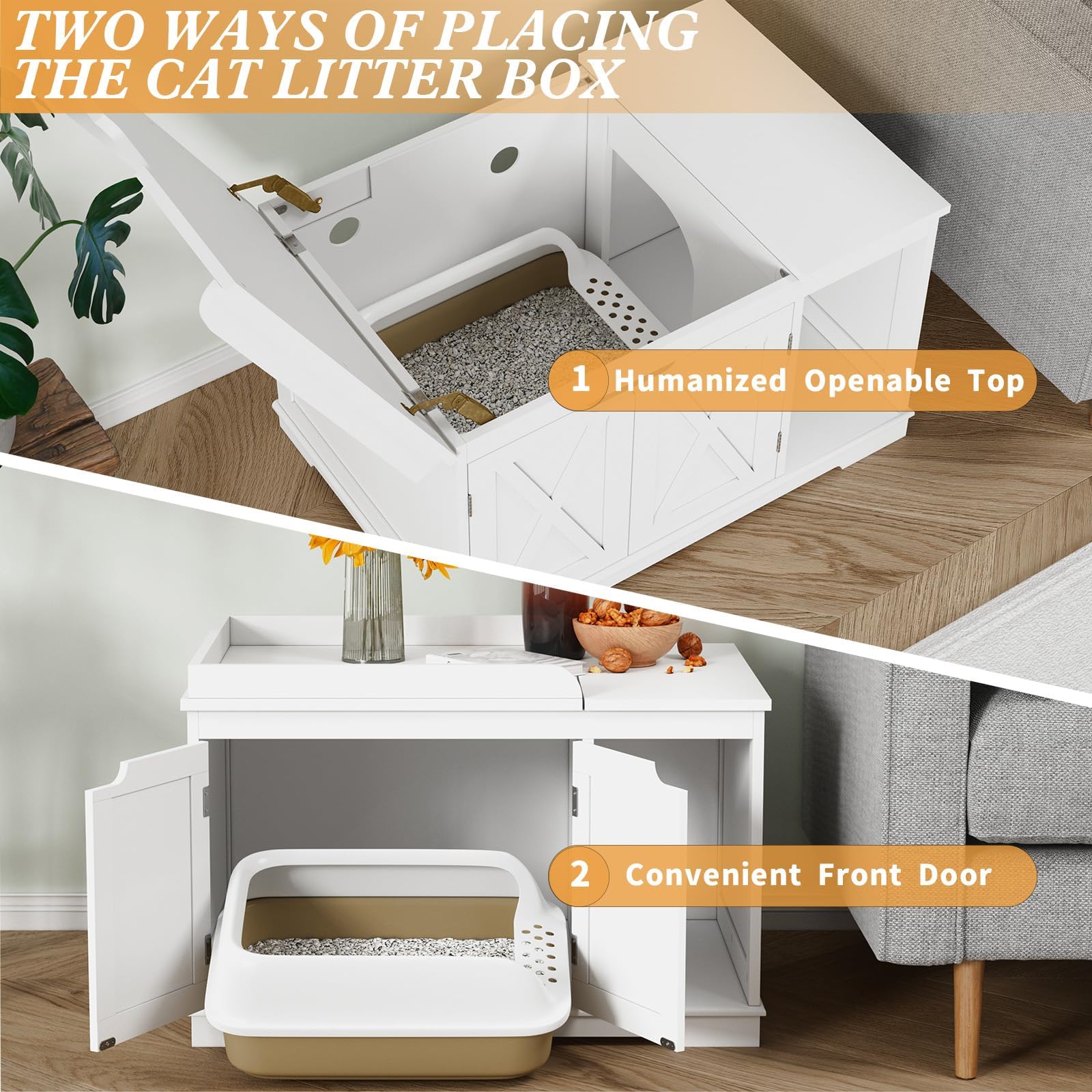 Flip Top Covered Cat Litter Box Enclosure - Hidden Wooden Furniture Style Cat Washroom Cabinet for Medium & Large Cats - White | Perfect for Home, Apartment & Pet-Friendly Spaces