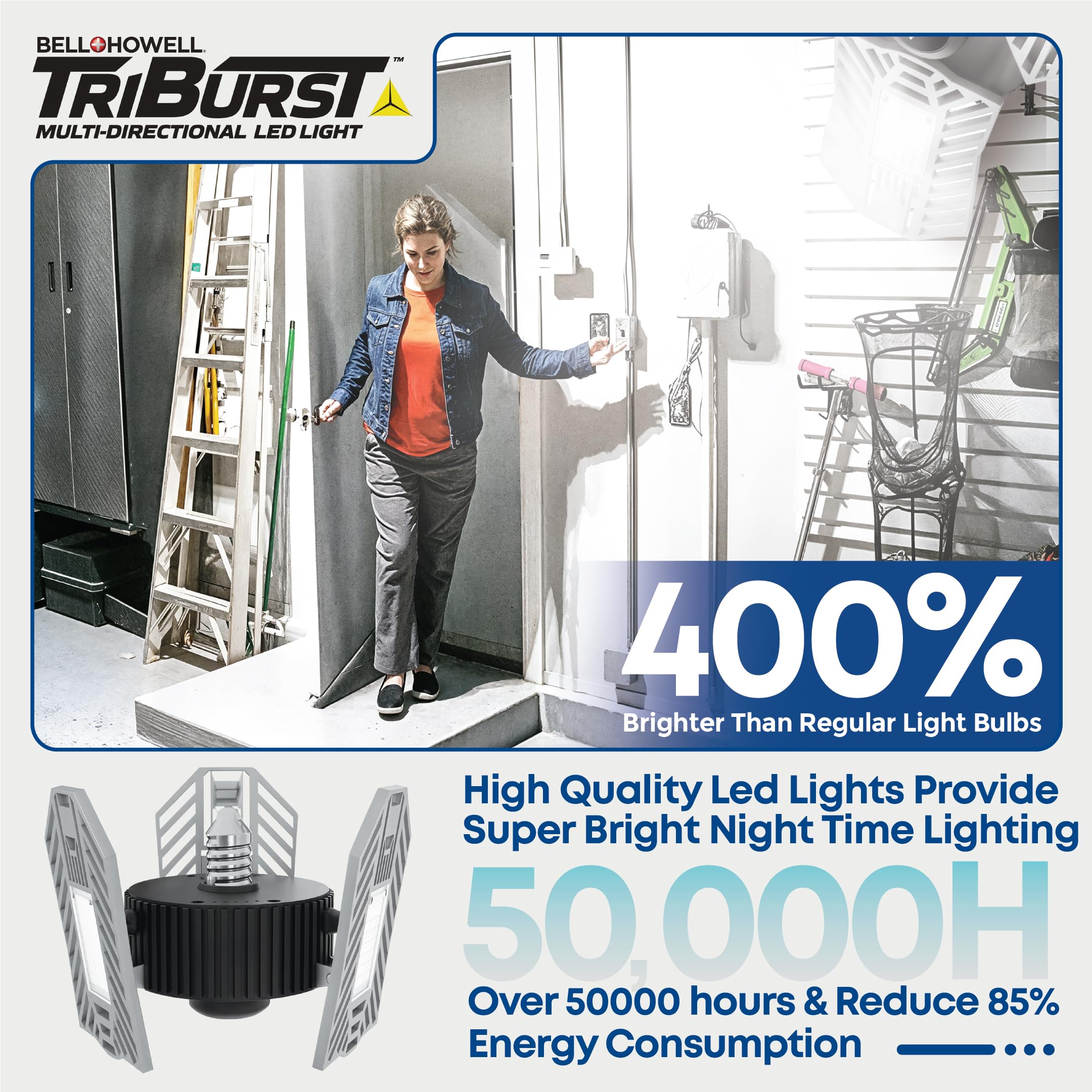 Bell+Howell TRIBURST 4000 Lumen LED Garage Lights - Ultra Bright 6500K Daylight White Ceiling Light with 144 LEDs & Adjustable Triple Panel (2-Pack) - Perfect for Garage, Workshop, Basement, Living Room and Indoor Spaces