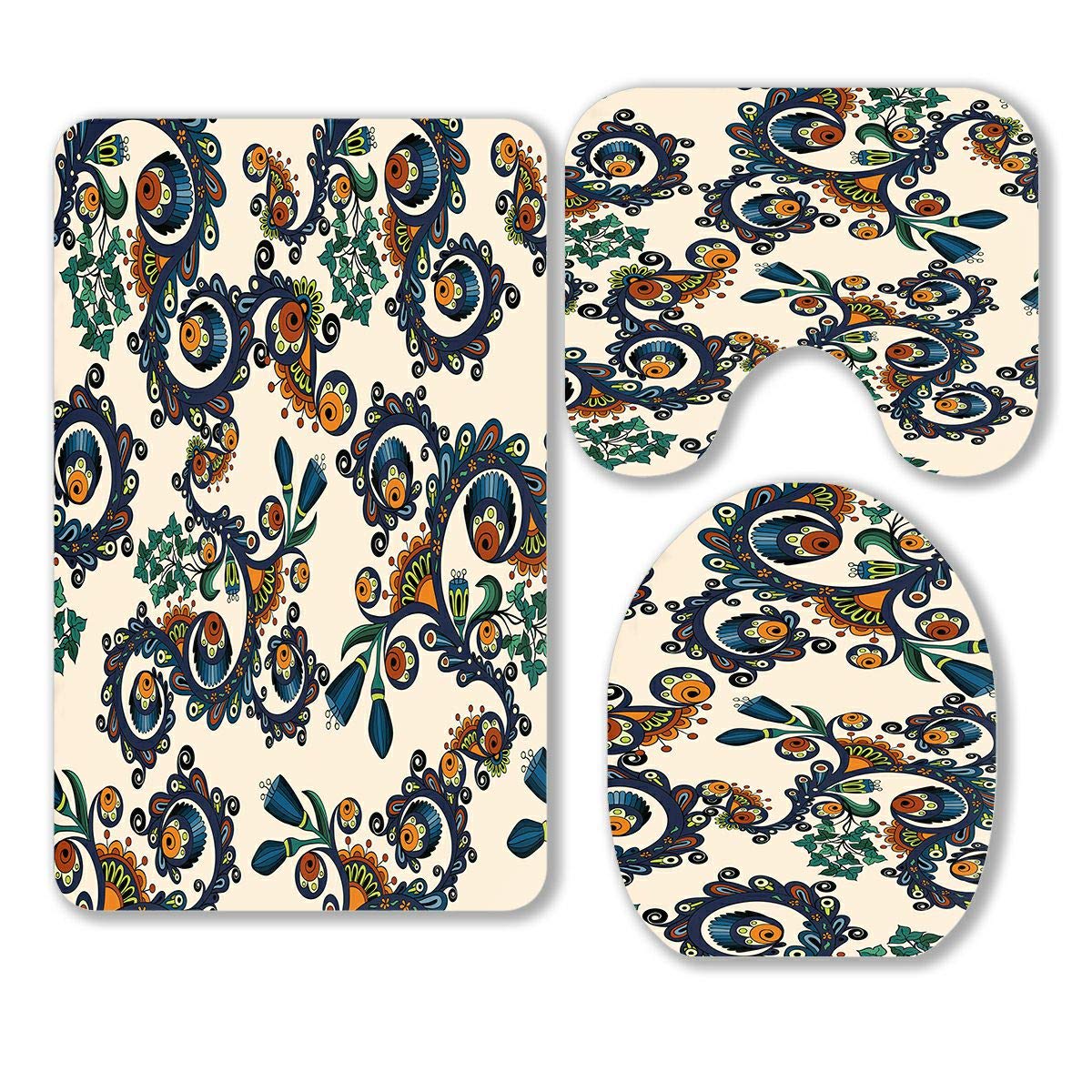 ABPHQTO 3-Piece Floral Bathroom Rug Set - Non-Slip Contour Mat & Toilet Lid Cover, Colorful Flower Design - Perfect for Bathroom Decor, Home Comfort & Water Absorption