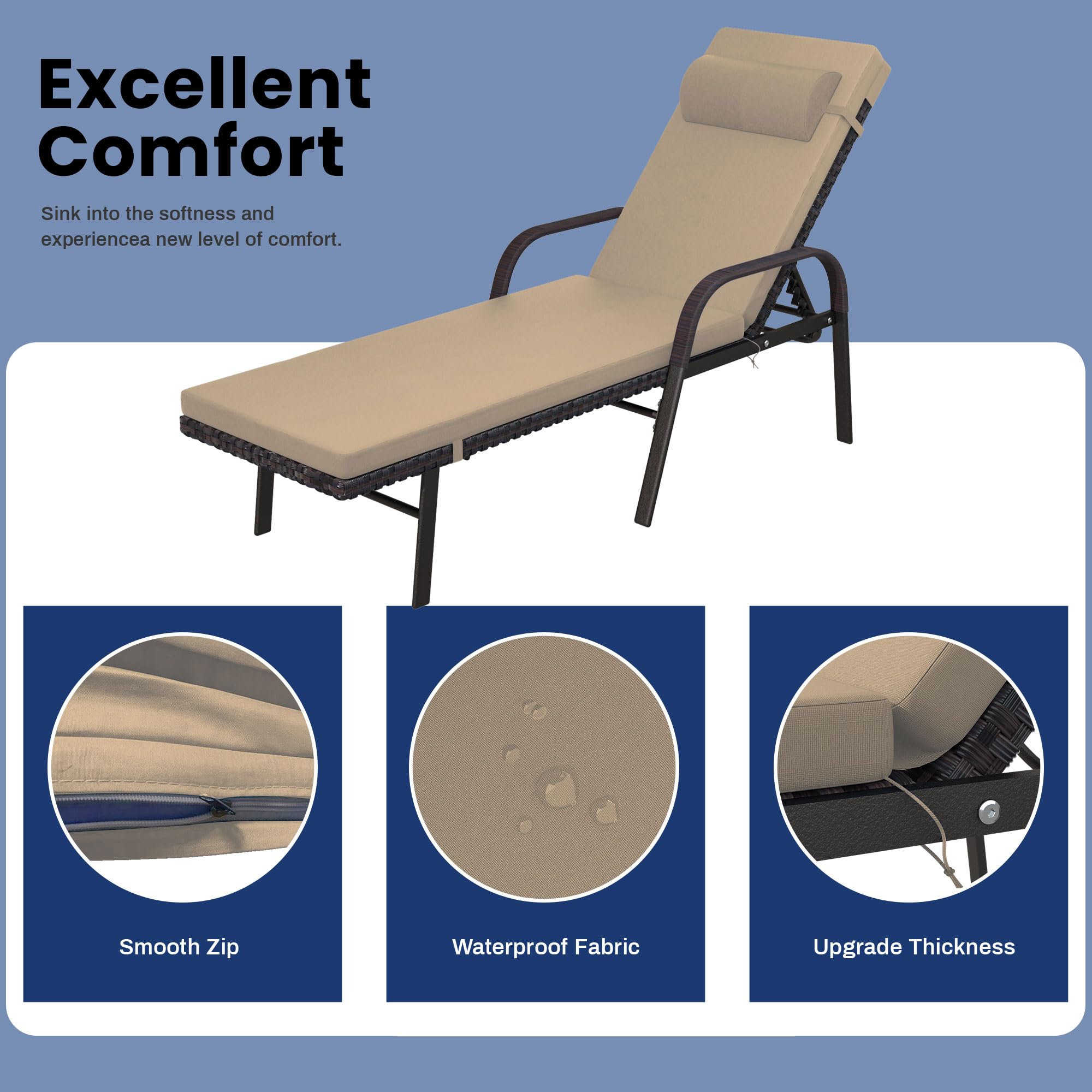3-Piece Patio Chaise Lounge Set with Cushions - Adjustable Rattan Backrest, Folding Table & Sand Color - Perfect for Poolside, Porch, Backyard & Outdoor Relaxation