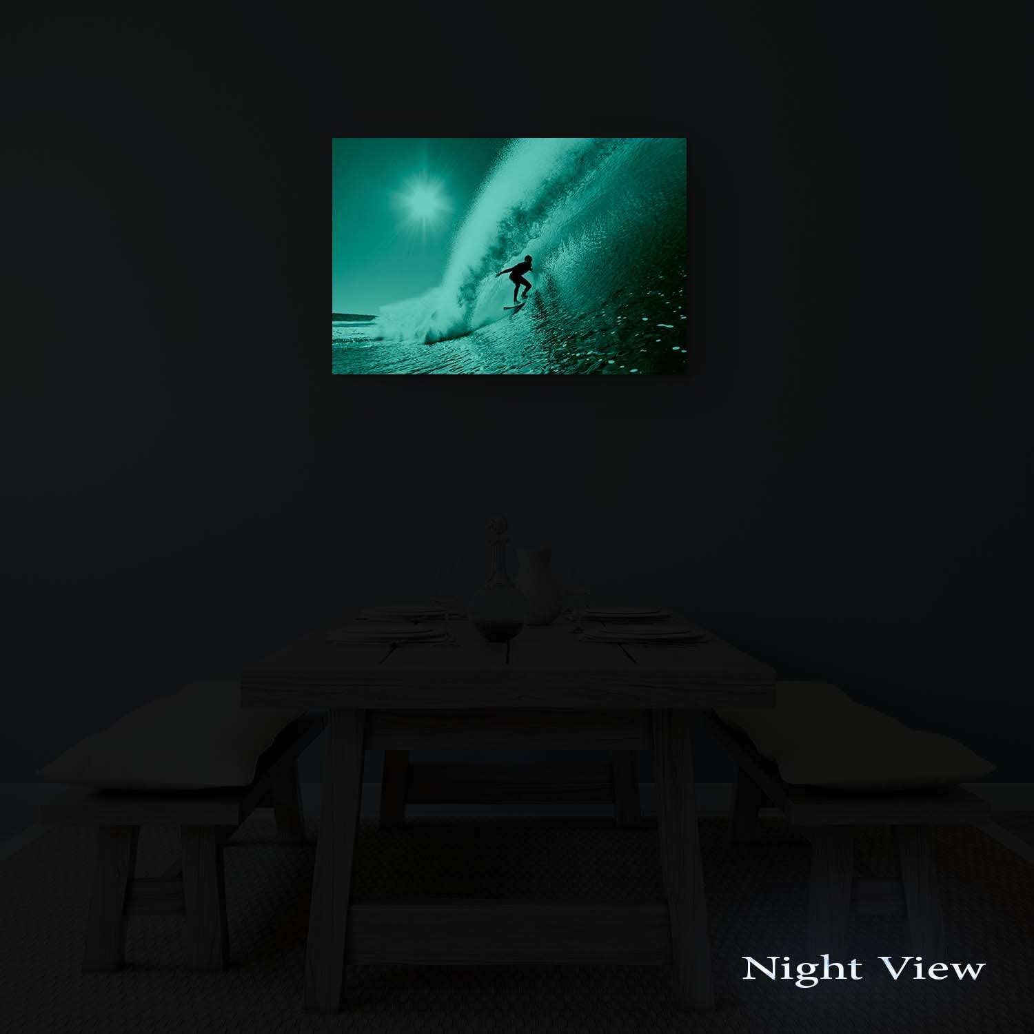 Startonight Glow in The Dark Surfing Wall Art - 24x36 Inch Luminous Canvas Print of Surfer Riding Perfect Wave, Modern Beach Decor for Bedroom, Living Room & Office - Perfect for Coastal Theme Homes & Surf Enthusiasts