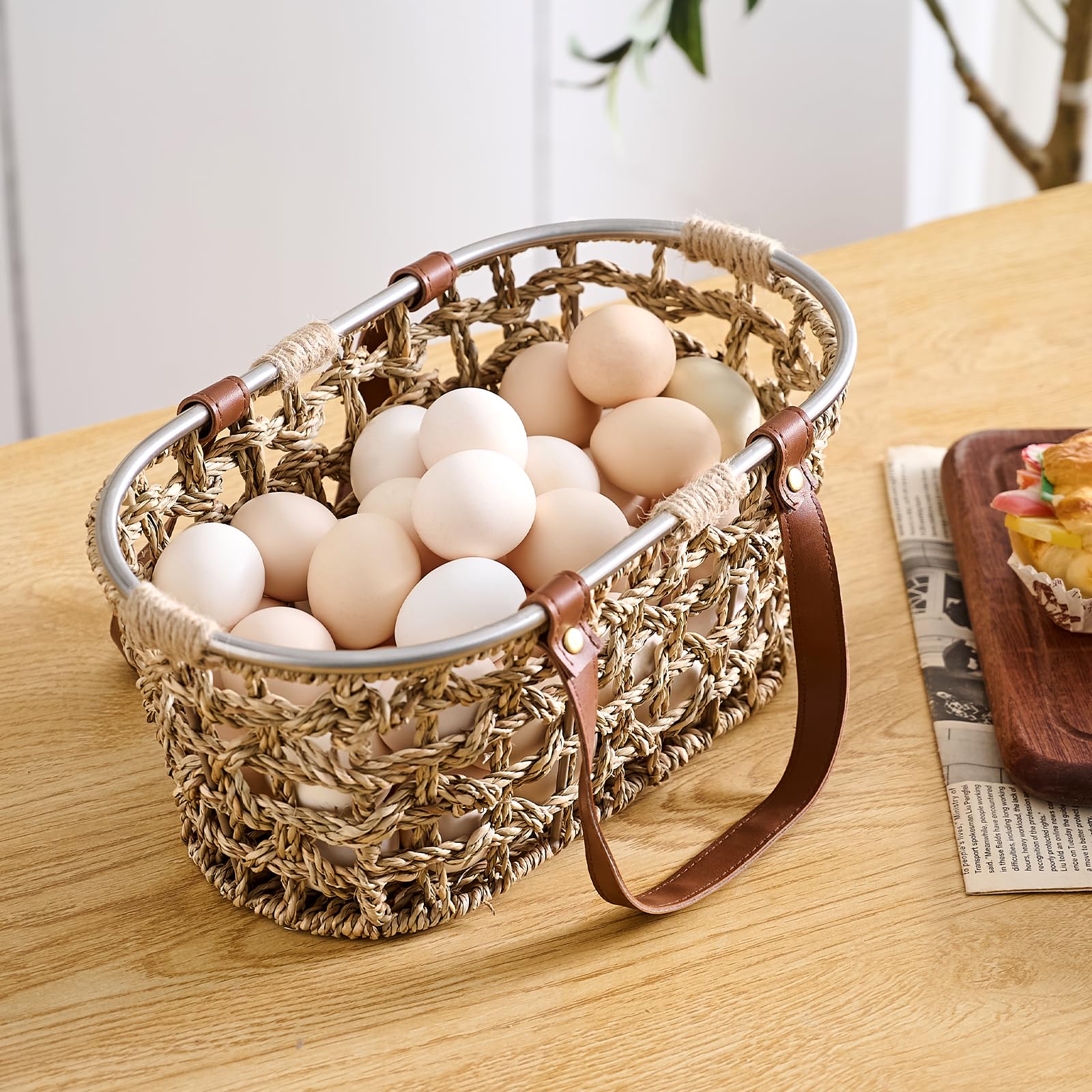 Handmade Wicker Egg Basket - Farmhouse Seagrass Oval Storage Basket with Handle for Collecting Fresh Eggs | Perfect for Chicken Coops, Easter Decor, Picnics, Harvest Display & Bread Storage