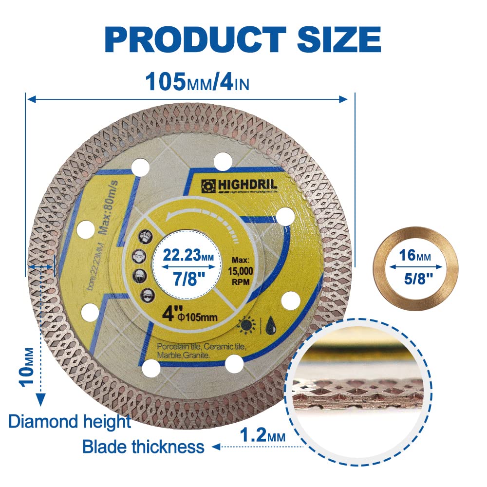 HIGHDRIL 4 Inch Diamond Saw Blade - 2 Pack Premium Diamond Tile Cutting Disc for Porcelain, Ceramic, Granite & Marble - Dry/Wet Use Turbo X Mesh Circular Saw Blades - Perfect for Home Renovation & Professional Tile Installation