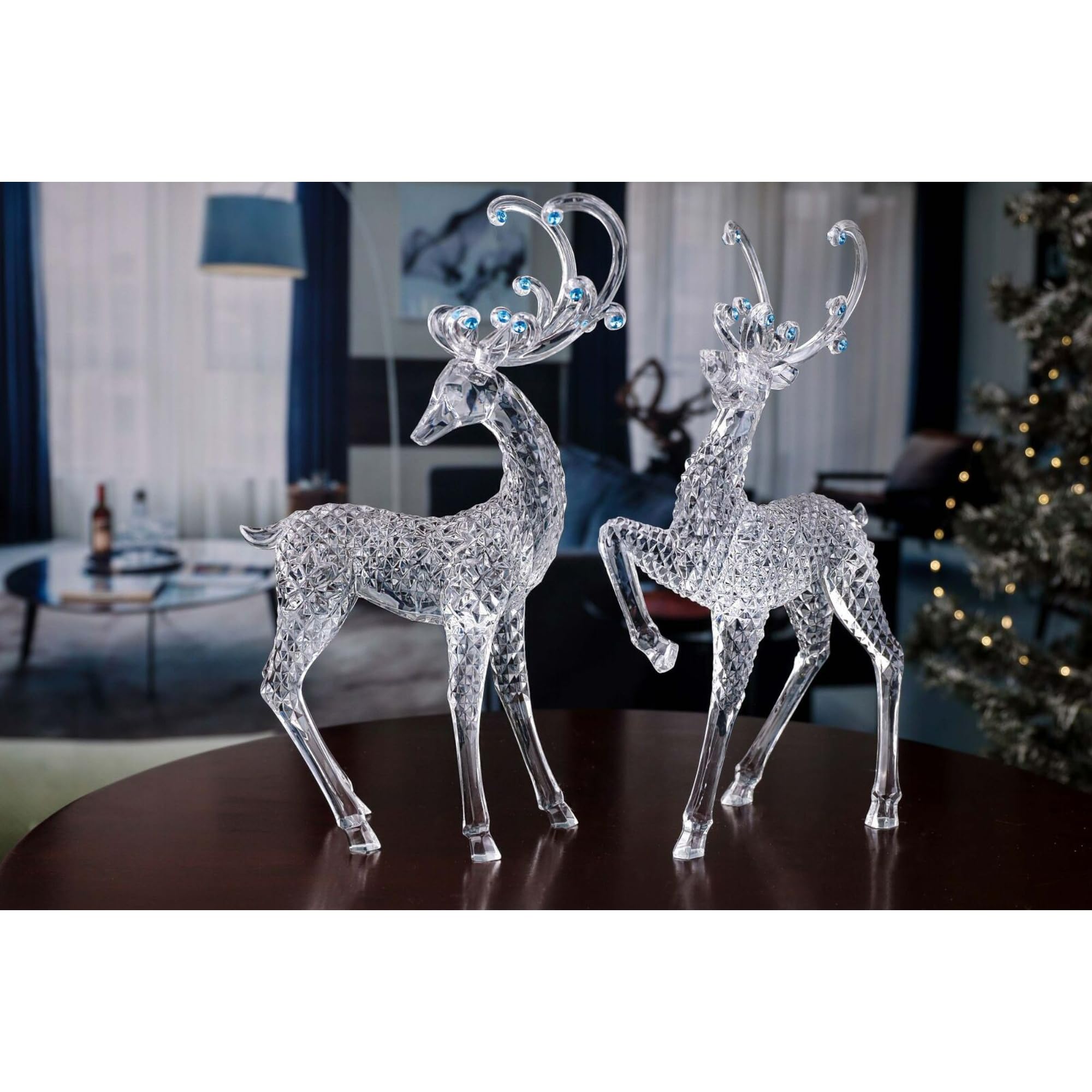 Set of 2 Clear & Blue Diamond Cut Deer Tabletop Decor - 15