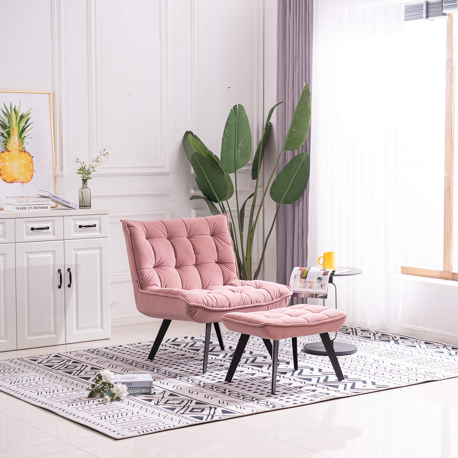 RUNNA Modern Soft Velvet Accent Chair with Ottoman - Pink Upholstered Living Room Chair, Comfortable Leisure & TV Chair for Bedroom, Home Decor - Perfect for Reading Nook, Cozy Corner or Lounge Area