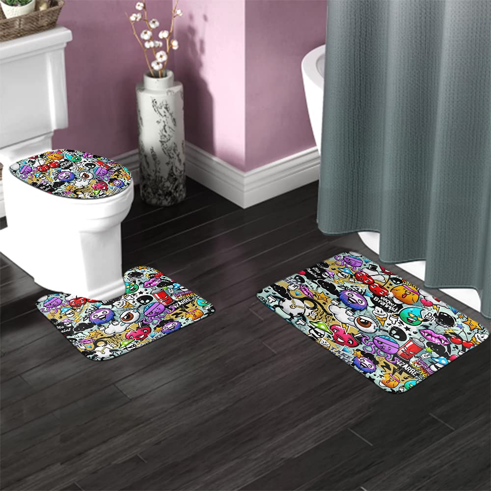 WONDERTIFY Non-Slip Bathroom Rug Set - 3-Piece Graffiti Design with Bizarre Elements (Bath Mat, Contour Mat, Toilet Lid Cover) - Perfect for Modern Bathrooms, Kids' Rooms & Unique Home Decor