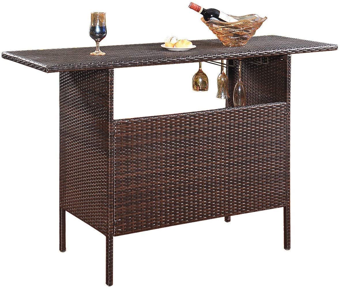 Premium Outdoor Rattan Bar Table with 2 Steel Wicker Storage Shelves & Cup Holders - Patio, Garden, Balcony, Poolside Lounge Furniture for Drinks & Entertaining