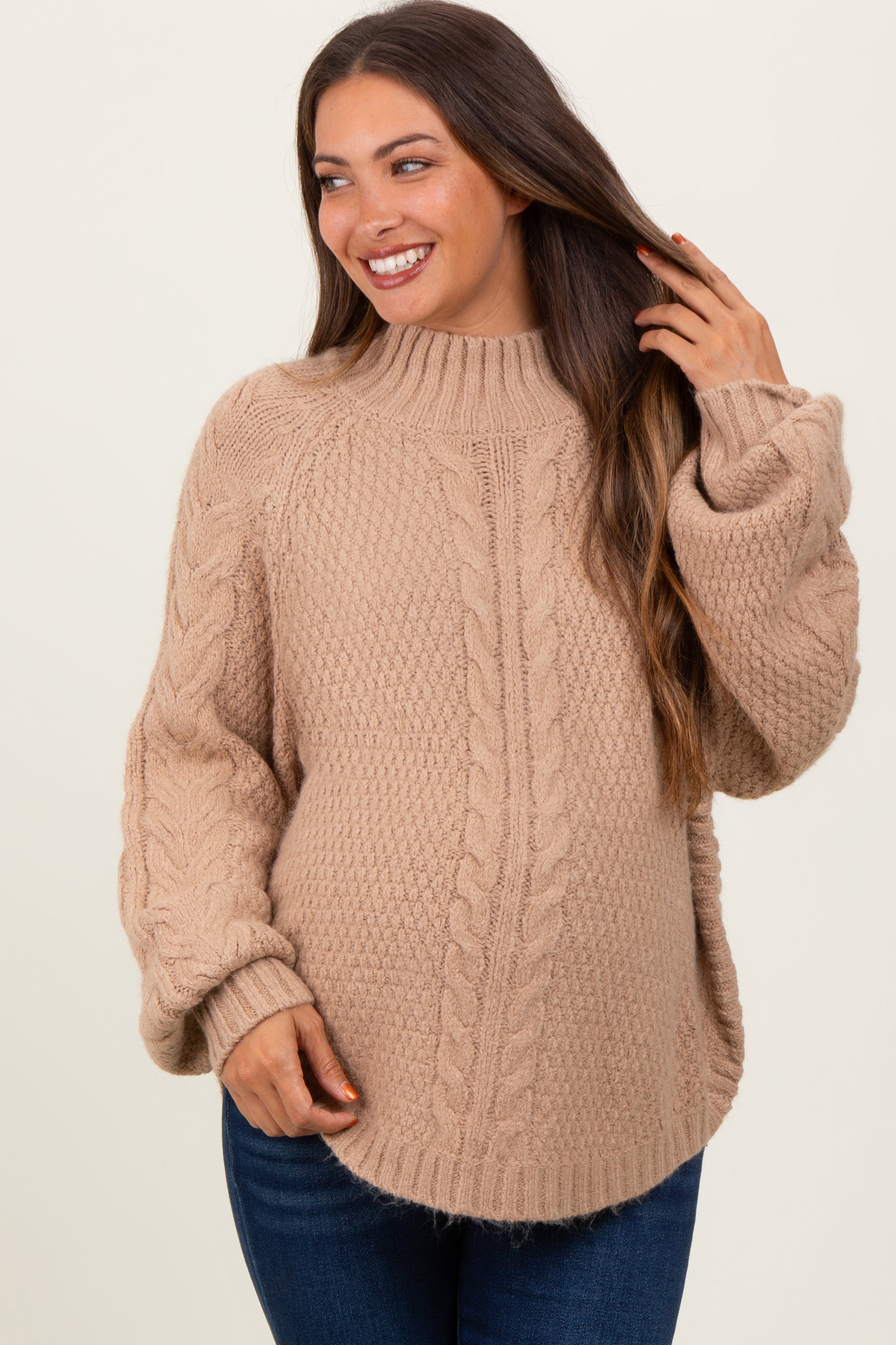 Beige Chunky Cable Knit Mock Neck Maternity Sweater for Women - Cozy Winter Pregnancy Outfit for Casual Wear & Photoshoots
