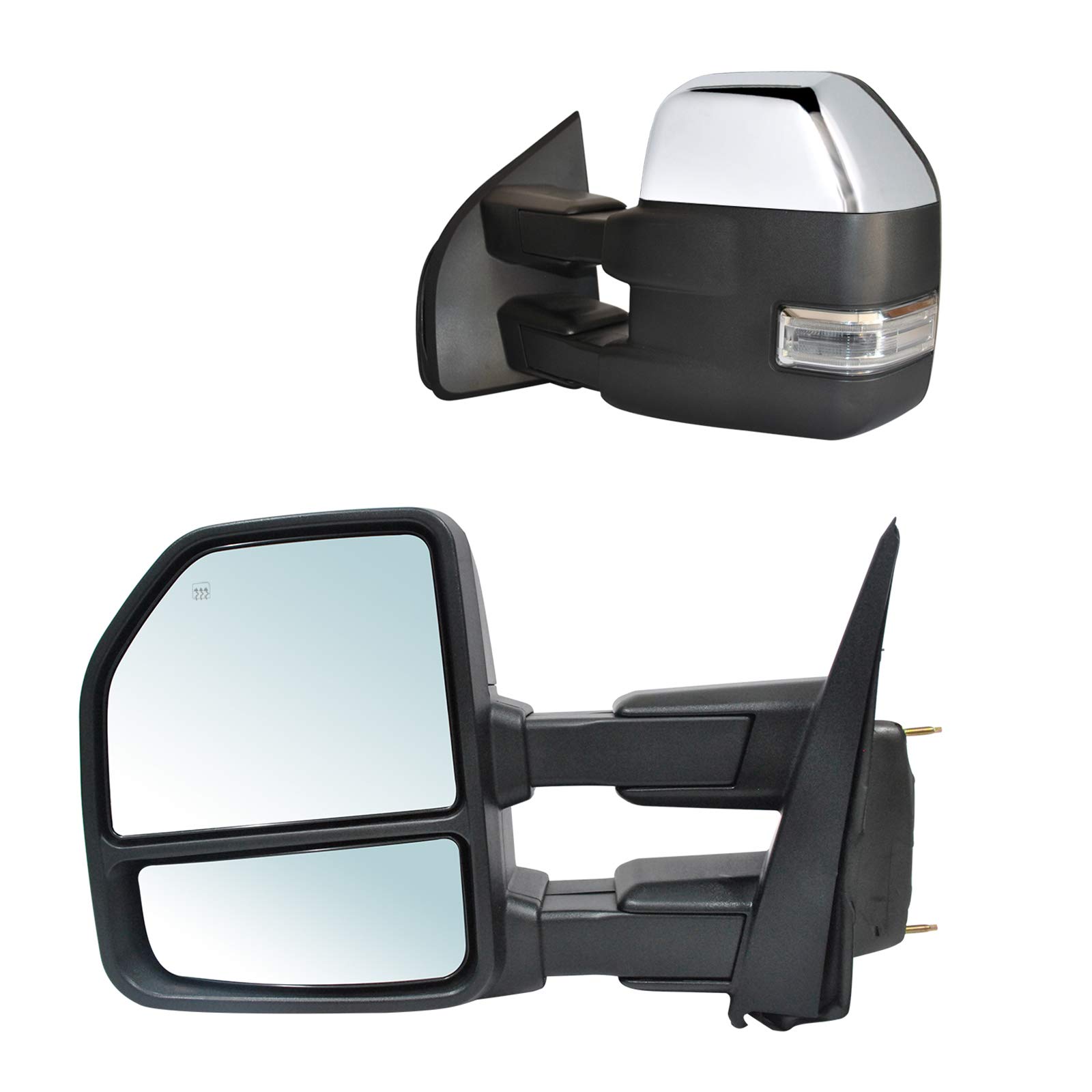 Heated Power Towing Mirrors for 2015-2020 Ford F150 Pickup Truck - Temperature Sensor, Turn Signal, Puddle Lights & Auxiliary Lamp - 22-Pin Plug Chrome Cap - Perfect for Towing, Off-Roading & Night Driving