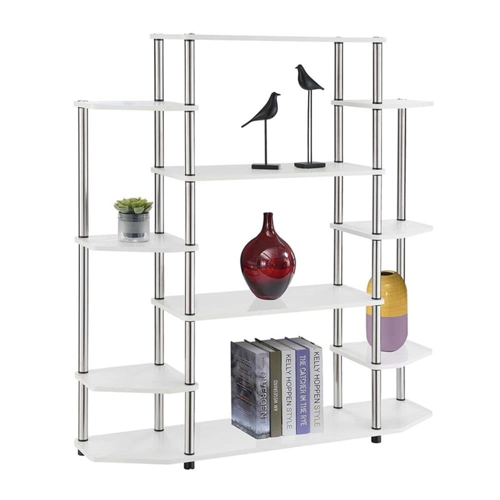 Pemberly Row White Wood & Stainless Steel Wall Unit Bookcase - Stylish Storage for Living Room, Office & Home Library