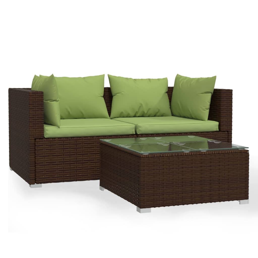 vidaXL 3-Piece Patio Lounge Set with Waterproof Cushions, Brown Poly Rattan Outdoor Furniture for Garden, Poolside, and Backyard Relaxation