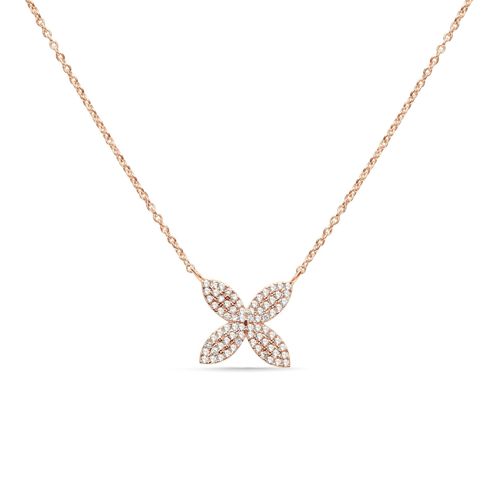14K Rose Gold Diamond Pavé Flower Necklace - Four Petal Floral Pendant Jewelry for Women, Perfect Gift for Anniversary, Valentine's Day & Special Occasions