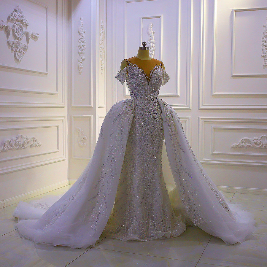 Handmade African Wedding Dress with Lace & Pearls - Short Sleeve AM897 for Bridal, Cultural Ceremonies & Special Occasions