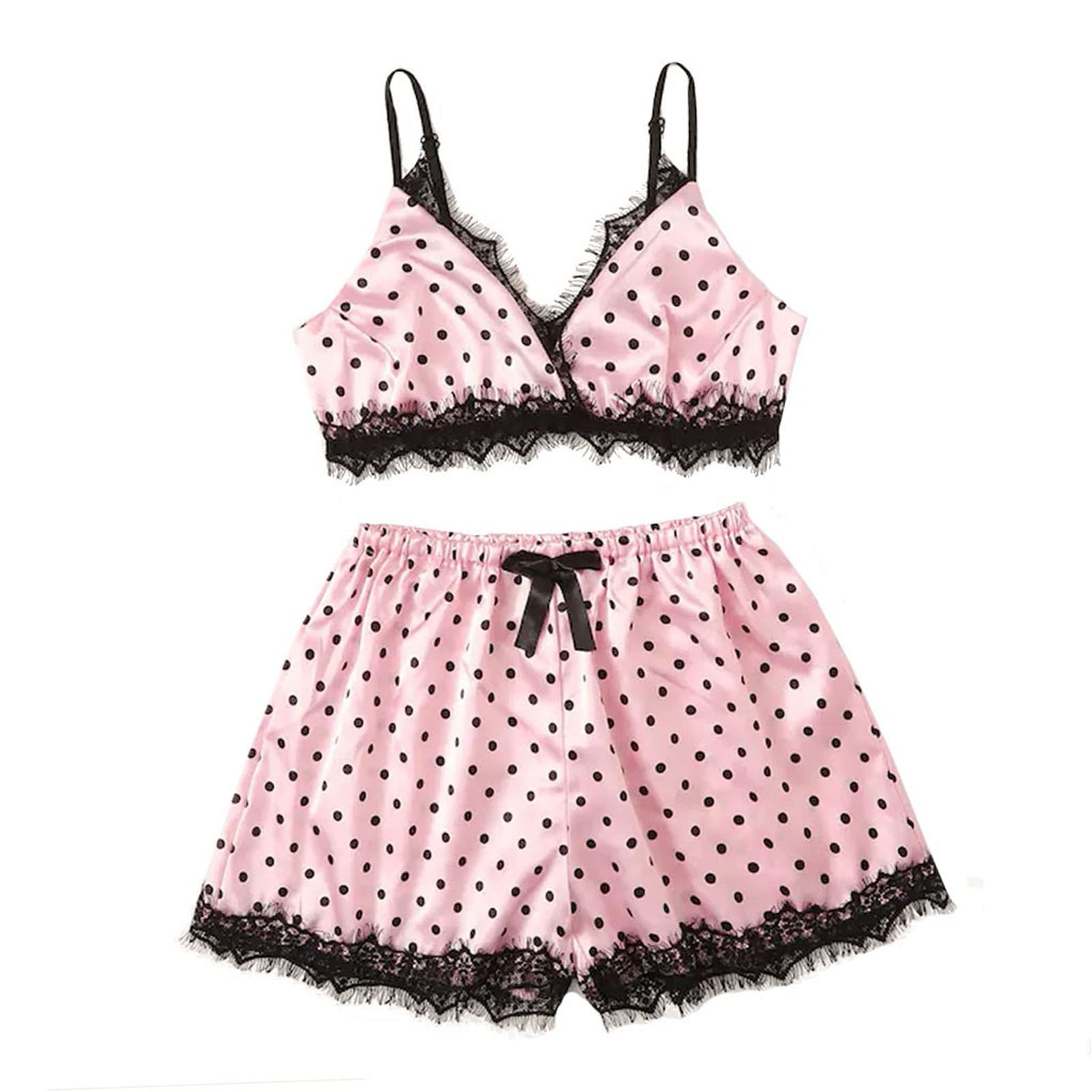 **CofeeMO Women's Sexy Lingerie Set - Dot Print Satin Pajamas, Sling Vest Tops, Strap Bra & Elastic Shorts for Romantic Nights & Boudoir Photography**    *(Perfect for Valentine's Day, Anniversary Gifts, or Intimate Moments - Soft & Comfortable for Sleepwear or Sensual Occasions)*