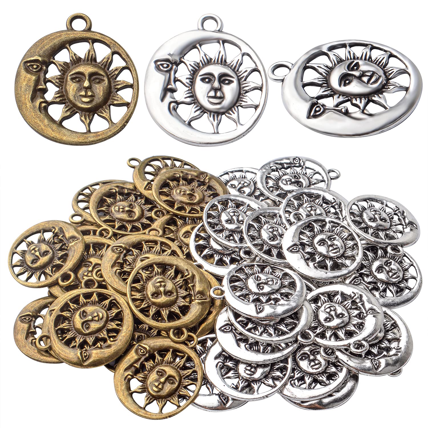 50pcs Tibetan Alloy Celestial Sun and Moon Charms - Smile Pendants for DIY Jewelry Making, Necklace & Bracelet Craft Supplies - Perfect for Boho, Hippie & Spiritual Jewelry Designs