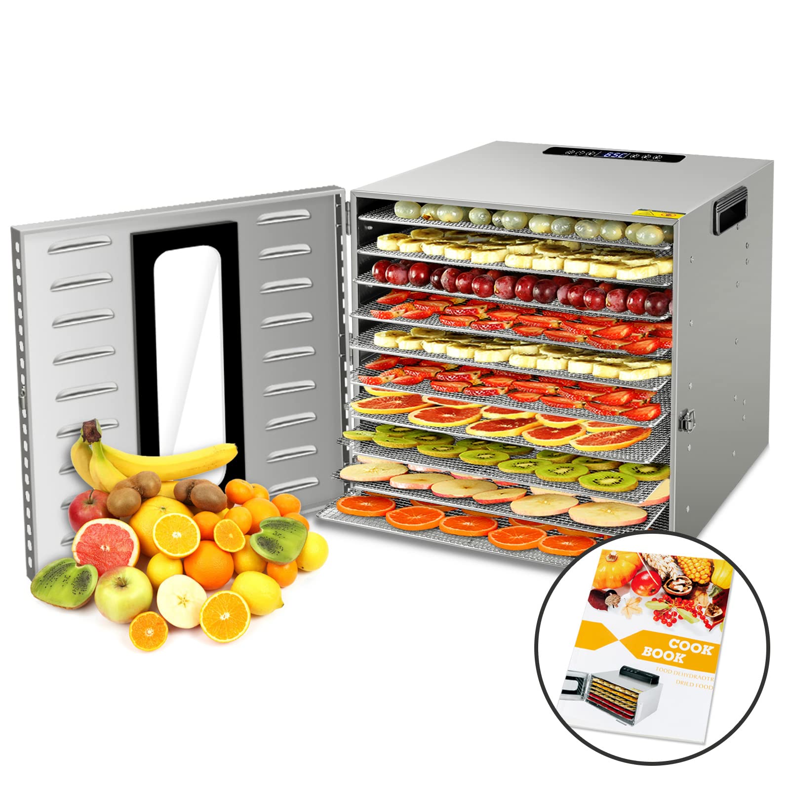 10-Tray Commercial Stainless Steel Food Dehydrator - Professional Jerky & Fruit Dryer with Adjustable Timer & Temperature Control + 67 Recipes - Perfect for Home Kitchen, Camping & Healthy Snack Preparation