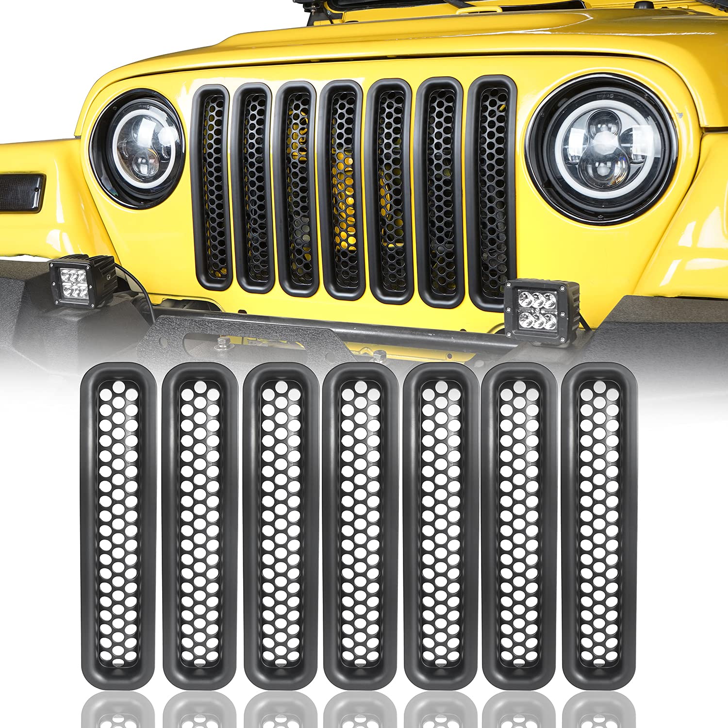 Hooke Road Black Front Grill Mesh Inserts - Honeycomb Grille Guards for 1997-2006 Jeep Wrangler TJ & Unlimited (7-Piece Set) - Durable Off-Road Protection & Custom Style Upgrade for Jeep Enthusiasts