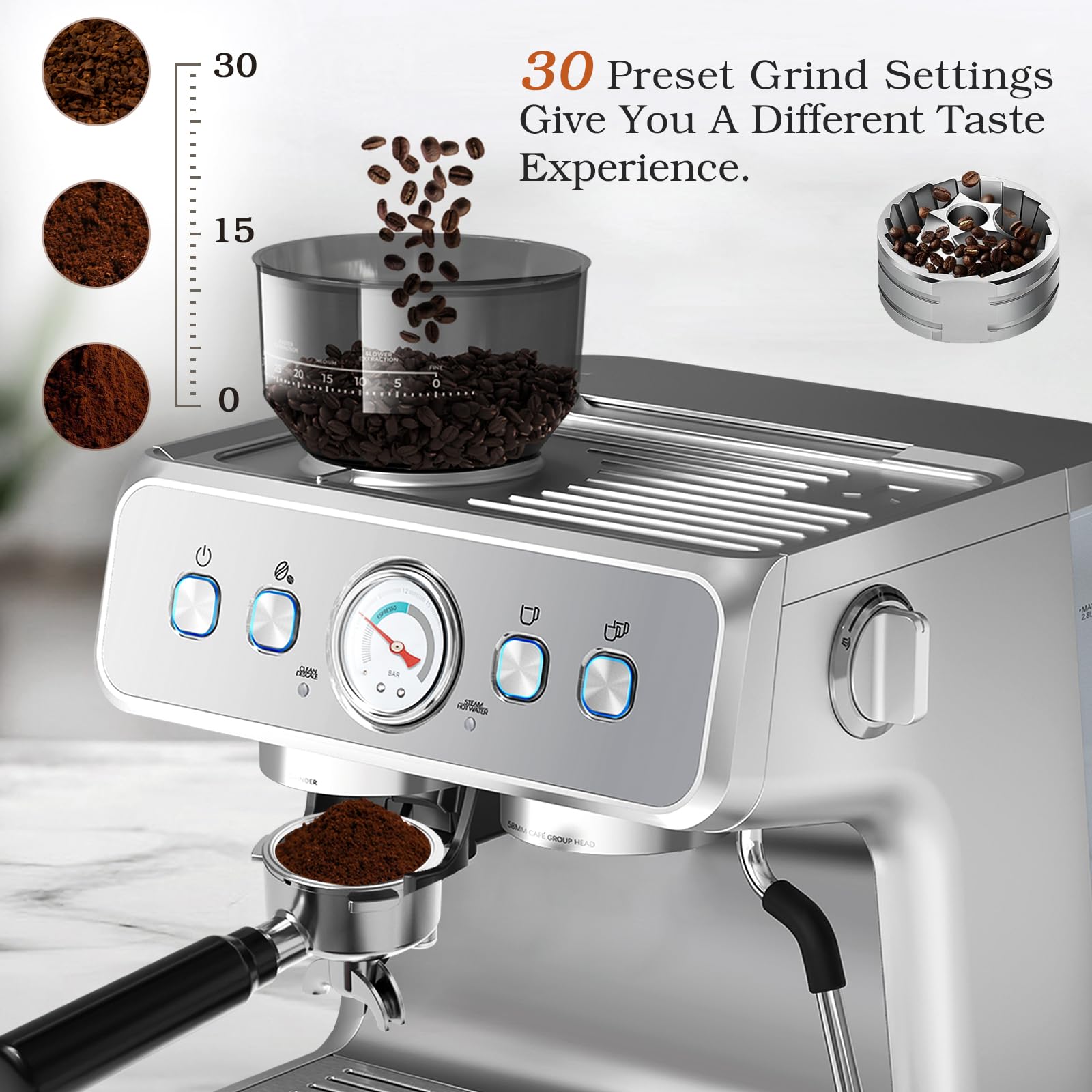 15 Bar Semi-Automatic Espresso Machine with Built-in Grinder & Milk Frother - 1350W Stainless Steel Home Coffee Maker for Cappuccino & Latte - Removable 75oz Water Tank - Perfect for Home Baristas & Coffee Lovers