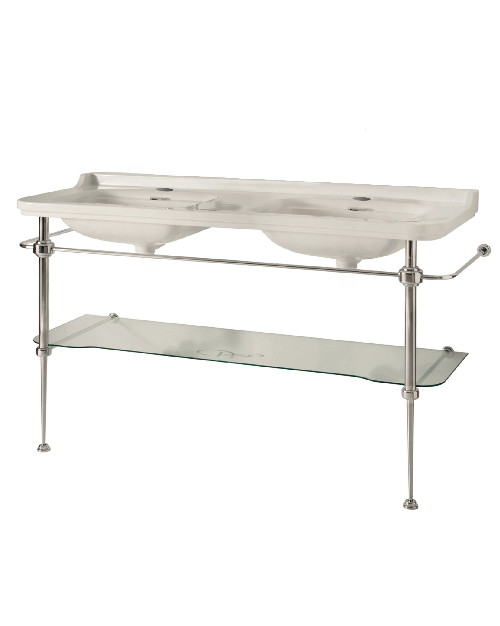 Art Deco Chrome Legs & Glass Shelf Handfat - 150 cm Double Sink Vanity for Modern Bathroom & Powder Room Decor