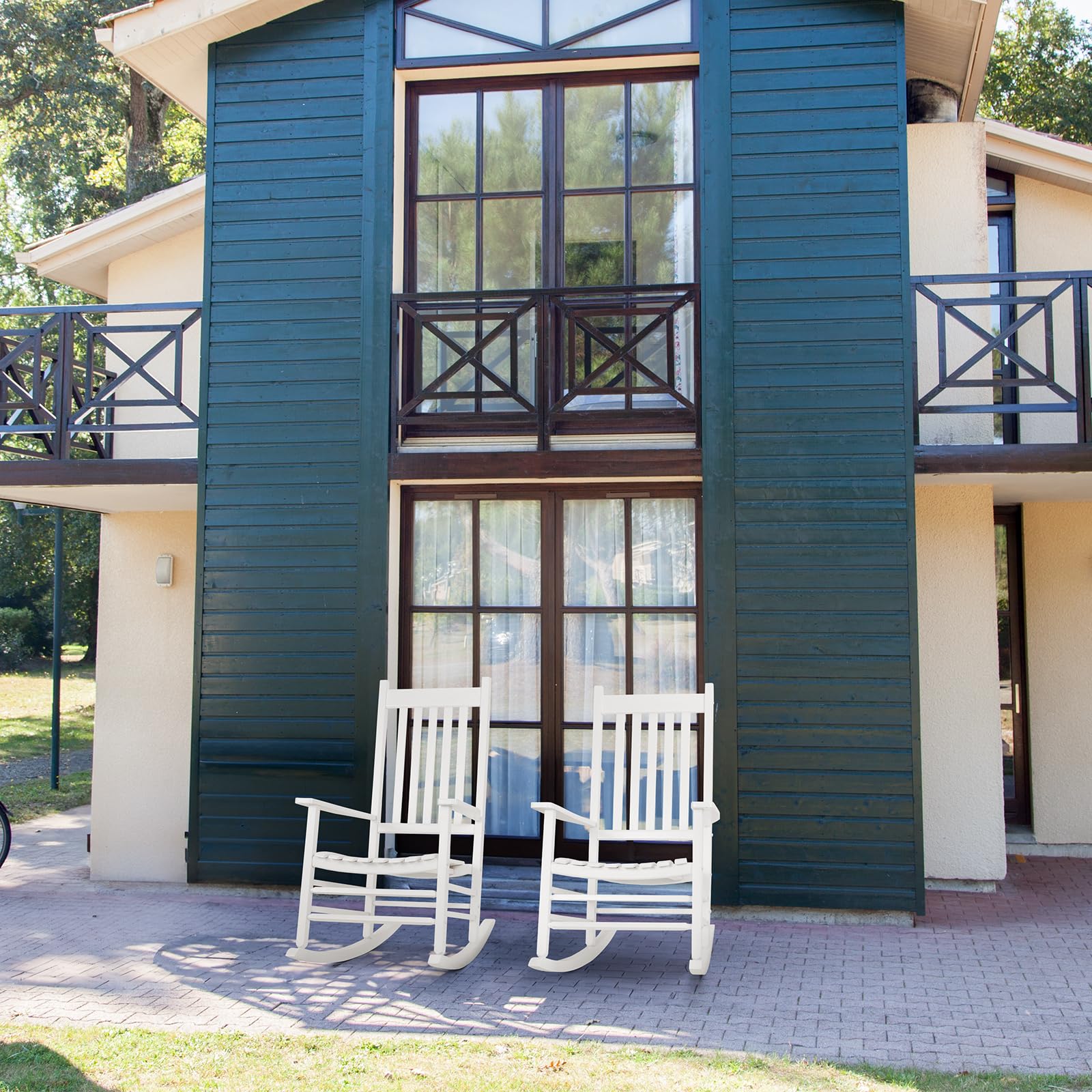 TLGREEN Solid Wood Oversized Outdoor Rocking Chair - Wide Seat All-Weather Patio Porch Rocker - Easy Assembly Indoor/Outdoor Use (White) - Perfect for Backyard Relaxation & Garden Lounging