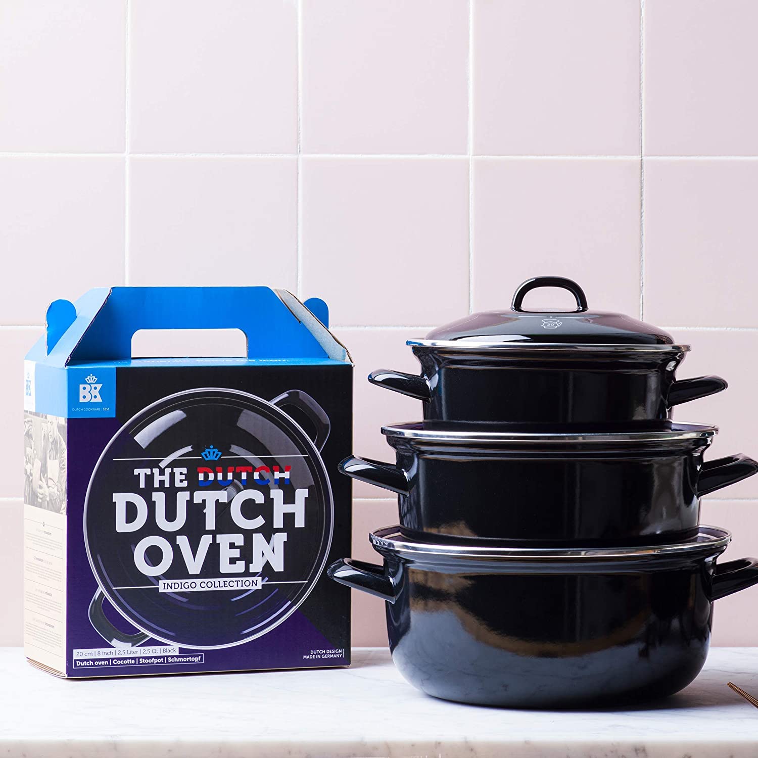 BK Indigo Dutch Heritage Round Enameled Cast Iron Casserole Pot with Lid - PFAS-Free Ceramic Non-Stick Coating, 3.3L (22cm) - Induction, Oven & Dishwasher Safe - Black | Perfect for Slow Cooking, Braising & Serving Dishes