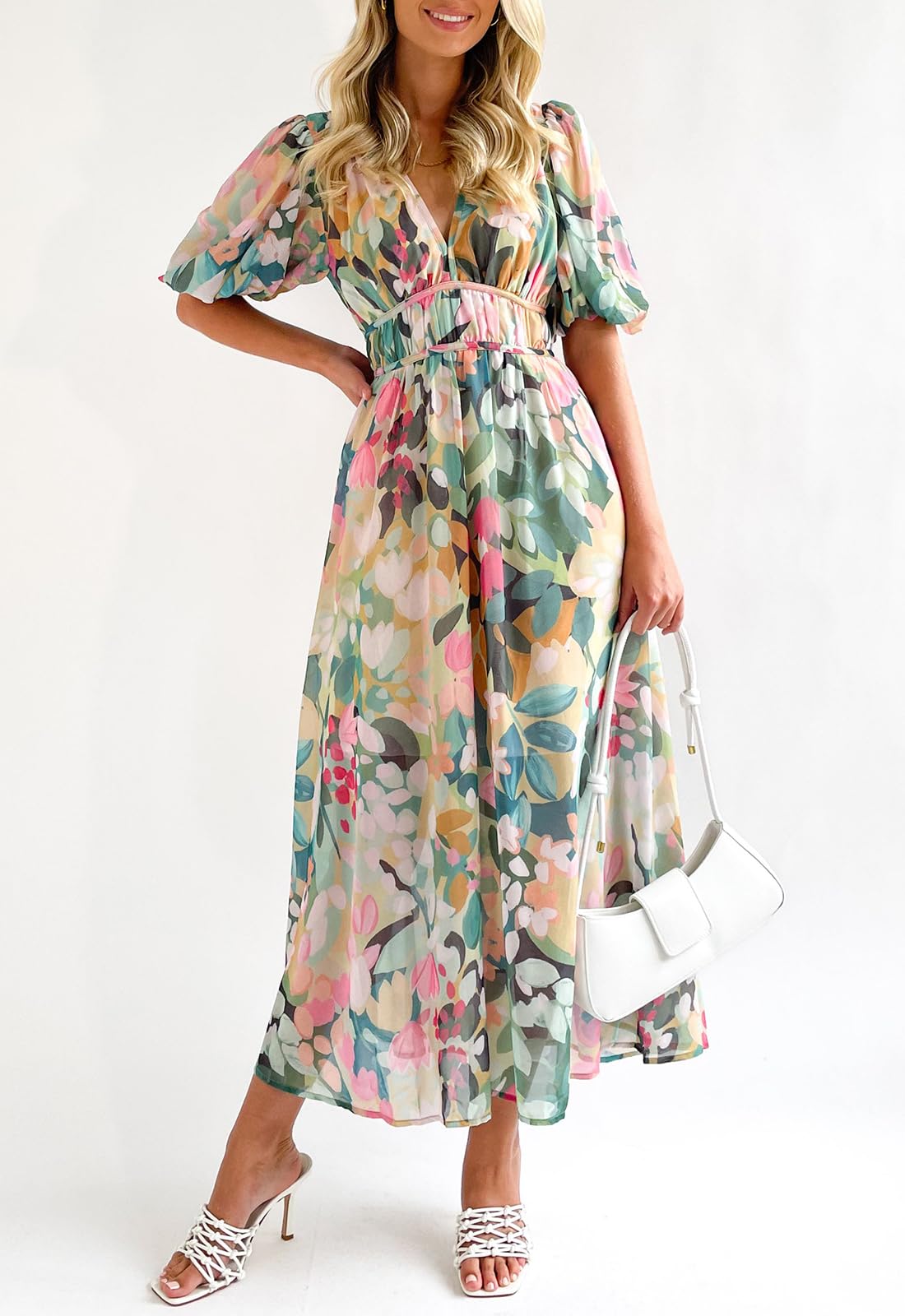 Sissyaki Women's Boho Floral Midi Dress - Smocked Waist Flowy Summer Beach Dress for Vacation, Date Night & Outdoor Parties