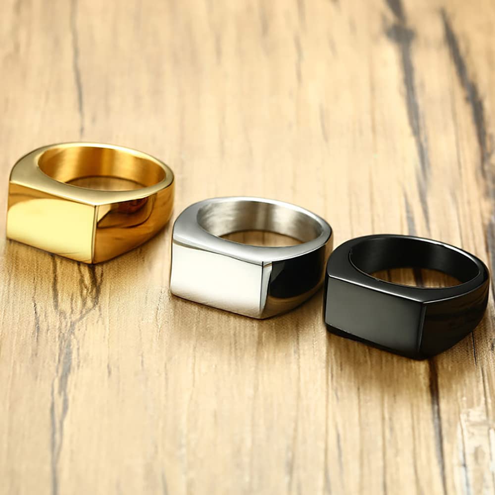 VQYSKO Stainless Steel Signet Rings for Men & Women - Solid Polished Biker Ring in Silver, Gold, Black (Sizes 4-15) | Perfect Gift for Dad, Boyfriend, Anniversary & Special Occasions | Wedding Band, Fashion Jewelry, Everyday Wear